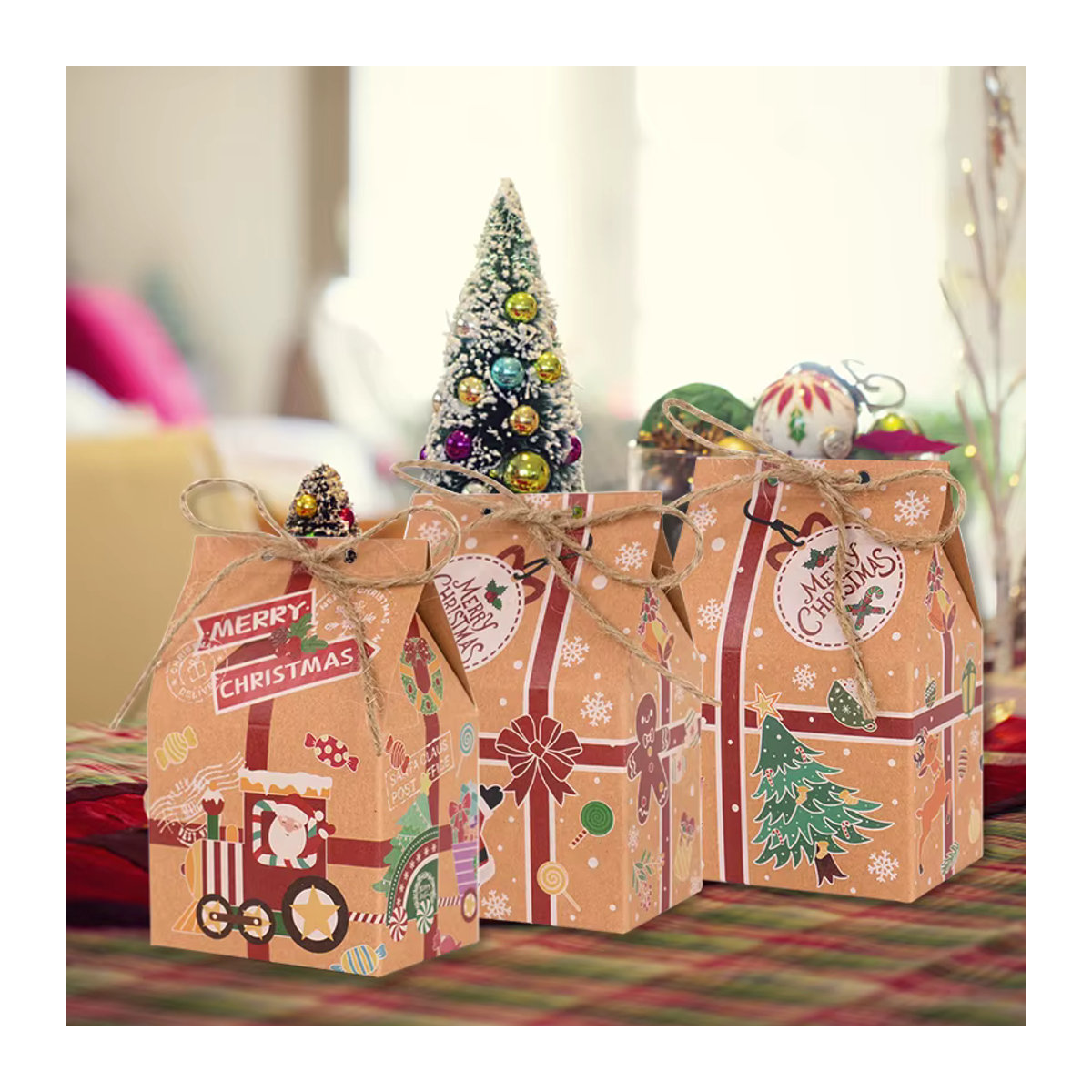 YONGSNOW Weihnachtliche Candy Box in Hausform aus braunem Kraftpapier für Geschenke und Weihnachtsdekoration - Bild 4