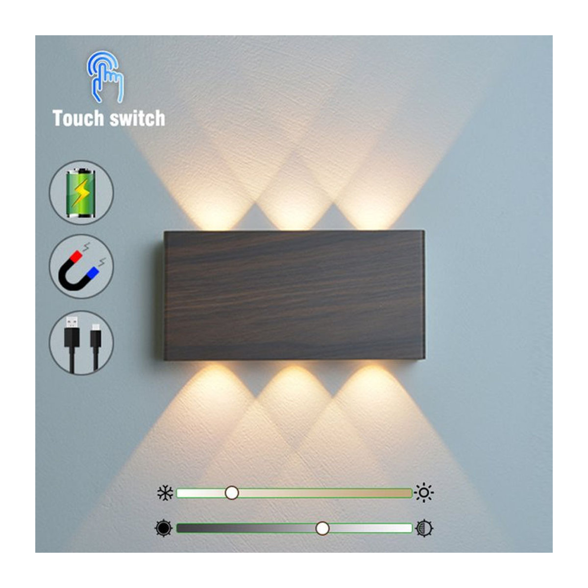 YooE Drahtlose LED-Wandleuchte aus Holz in Nussbaum mit Touch-Dimmung und 3 Lichtfarben - Bild 1
