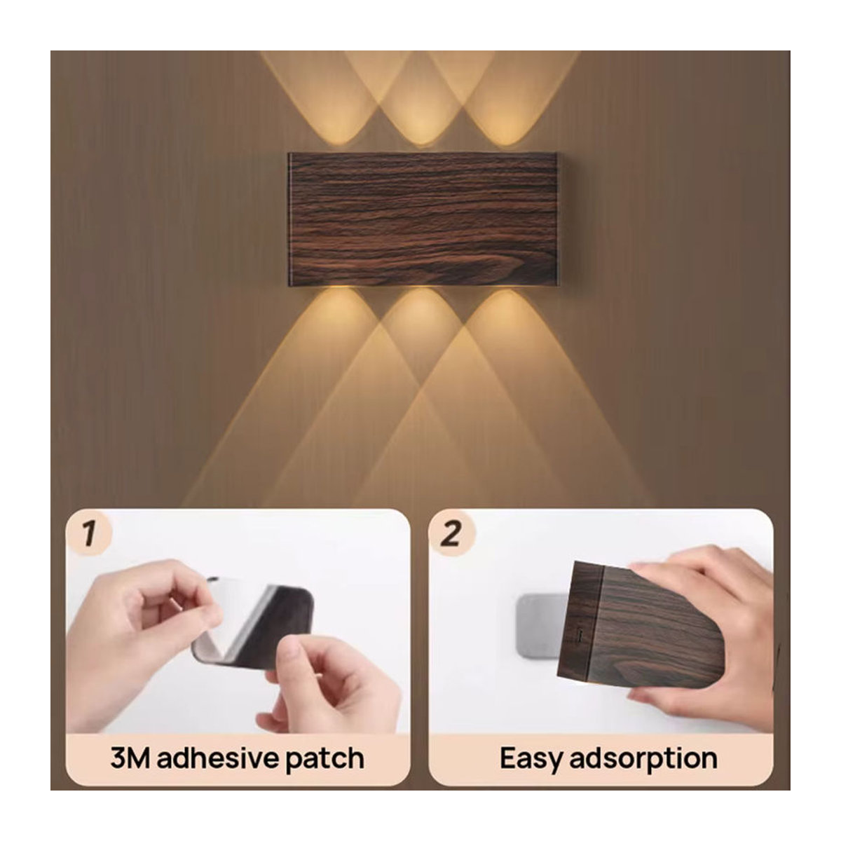 YooE Drahtlose LED-Wandleuchte aus Holz in Nussbaum mit Touch-Dimmung und 3 Lichtfarben - Bild 2
