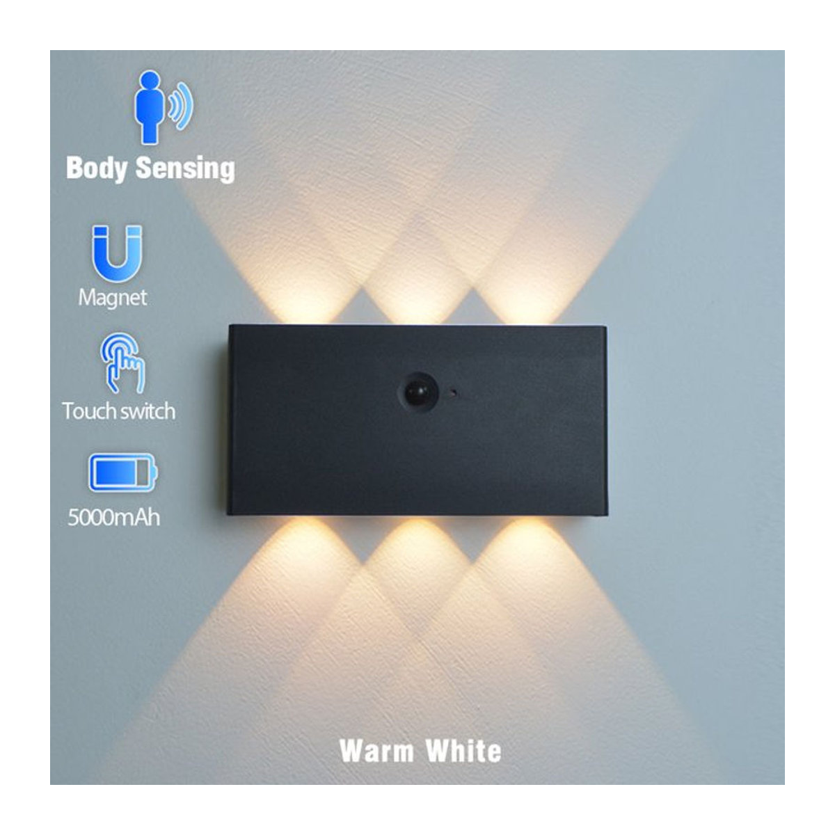 YooE LED-Wandleuchte mit Bewegungsmelder in Schwarz, minimalistisches Design, wiederaufladbar mit 5200 mAh Akku - Bild 1
