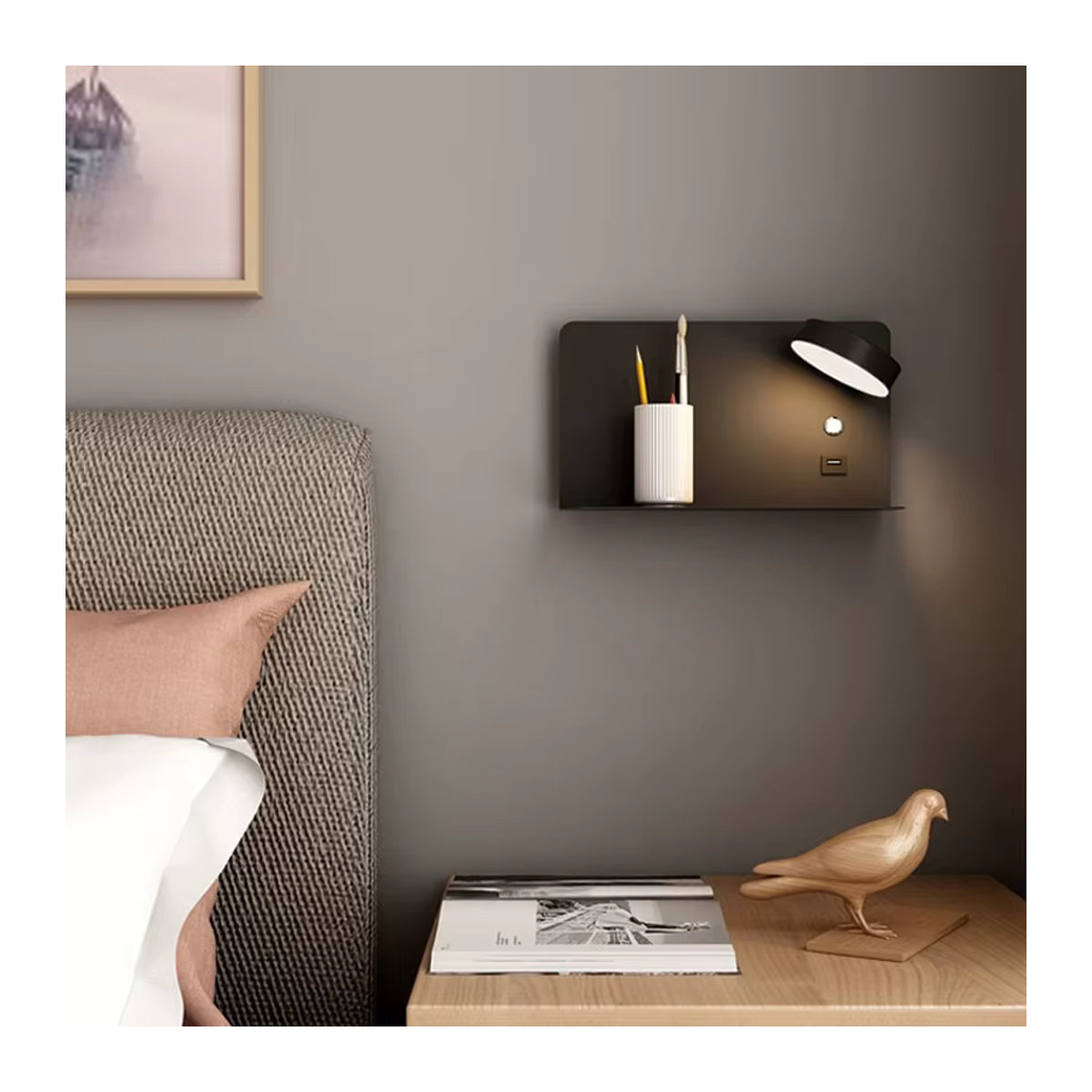 YooE Moderne Minimalistische Wandleuchte in Schwarz mit Knopfschalter, USB-Aufladung und 330 Grad drehbarem Lampenkopf für Schlafzimmer und Nachttisch - Bild 1