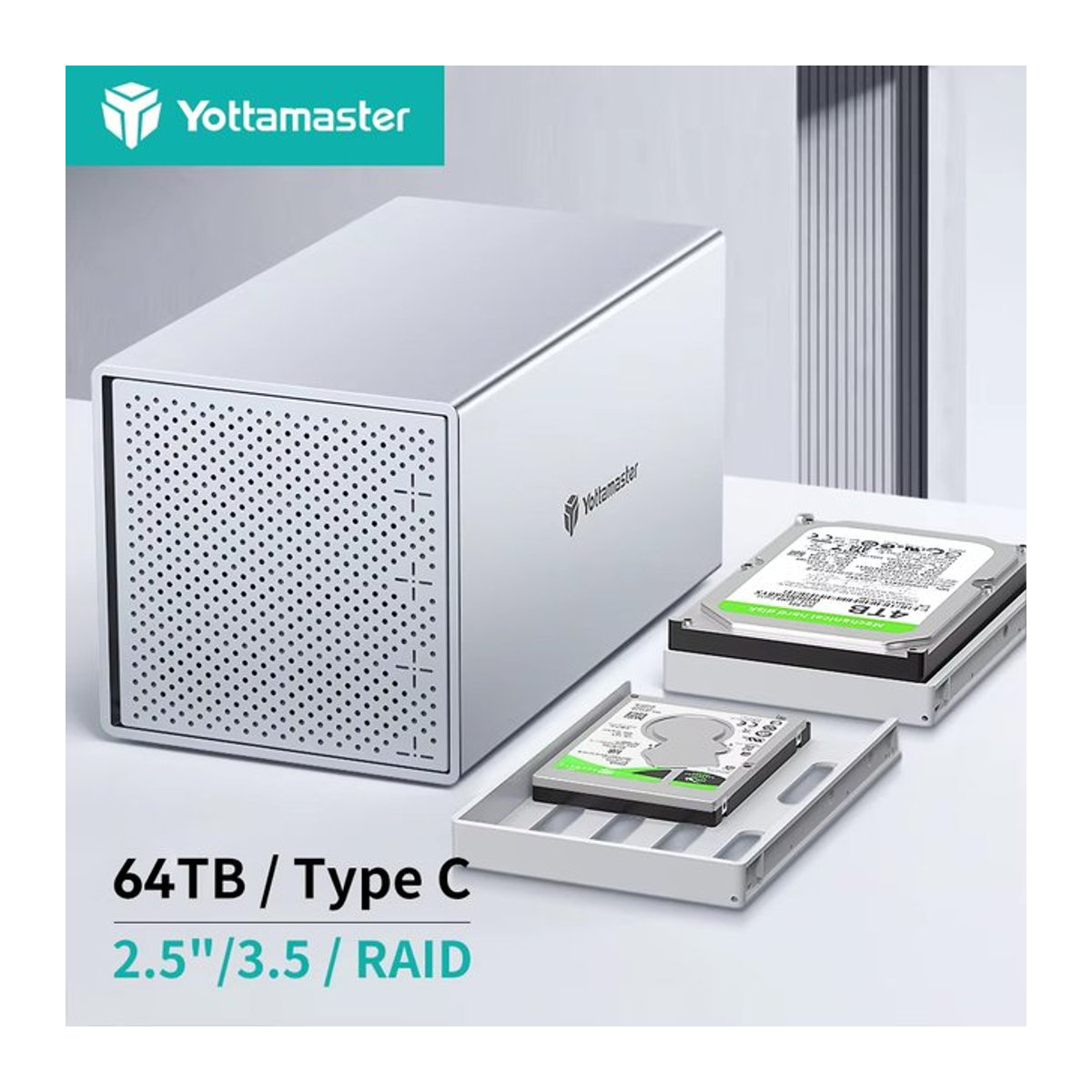 Yottamaster PS400 4-Schacht-RAID-Gehäuse aus Aluminium in Weiß mit USB 3.0 und SATA 3.0 für 2,5 und 3,5 Zoll Festplatten bis 64 TB - Bild 1