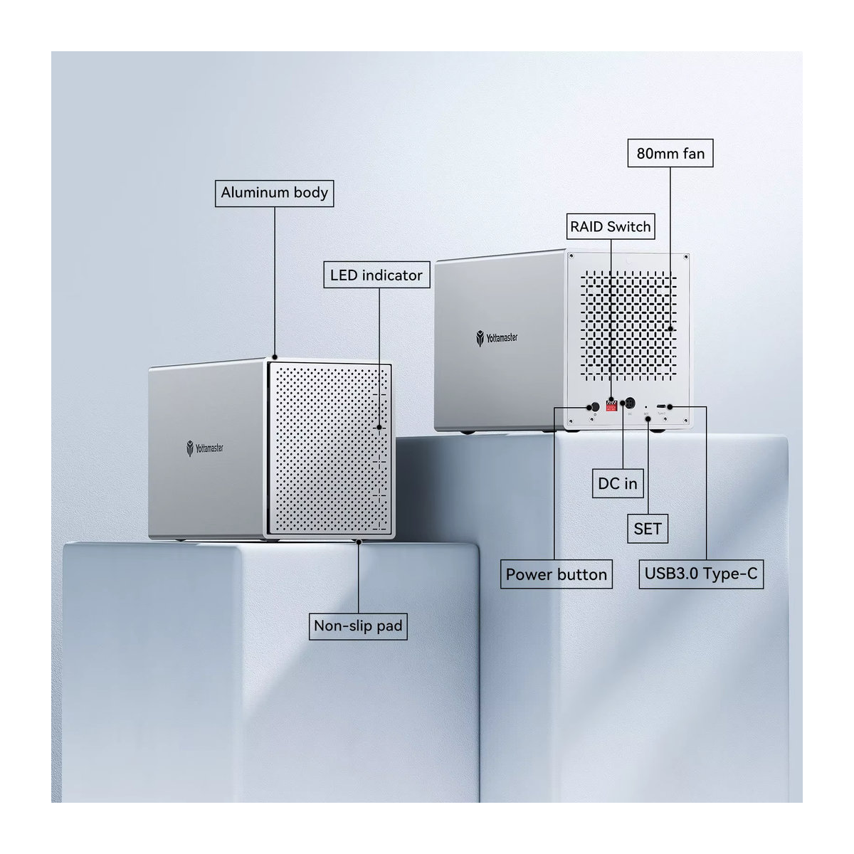 Yottamaster PS400 4-Schacht-RAID-Gehäuse aus Aluminium in Weiß mit USB 3.0 und SATA 3.0 für 2,5 und 3,5 Zoll Festplatten bis 64 TB - Bild 2