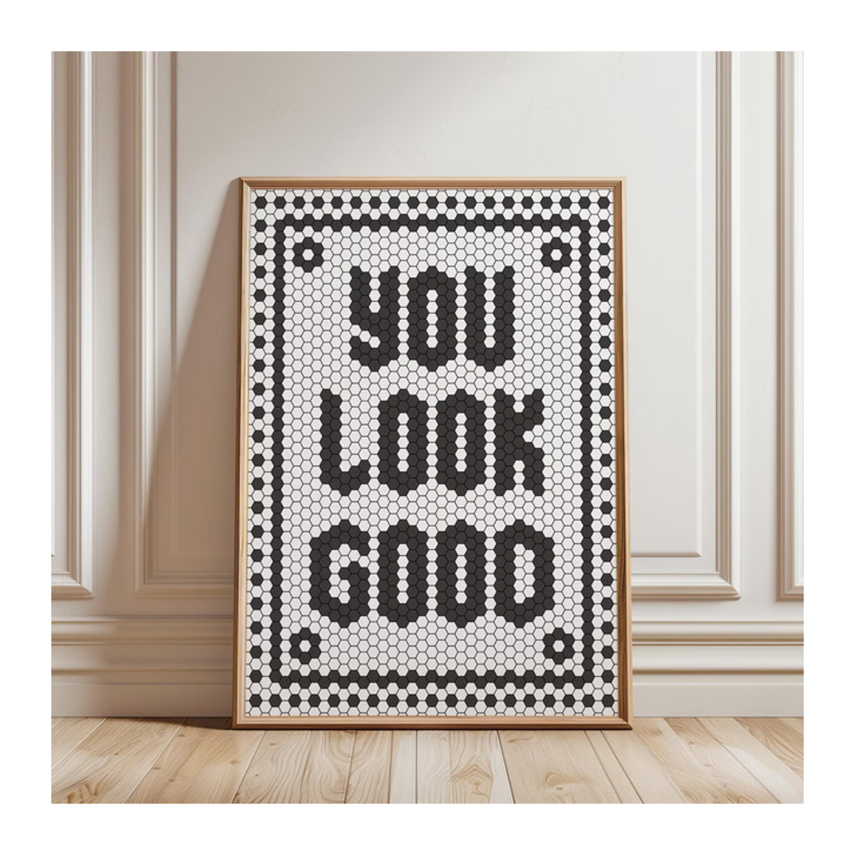 You Look Good Wandkunst Poster mit Hexagon-Typografie in Weiß und geometrischem Design von SHENCHEN - Bild 1