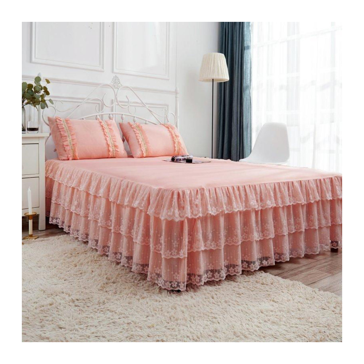 Your Warm Home Bettrock mit Spitze in Rosa, 3-teiliges Set für Frühling und Sommer, B/T: 180 x 200 cm - Bild 2