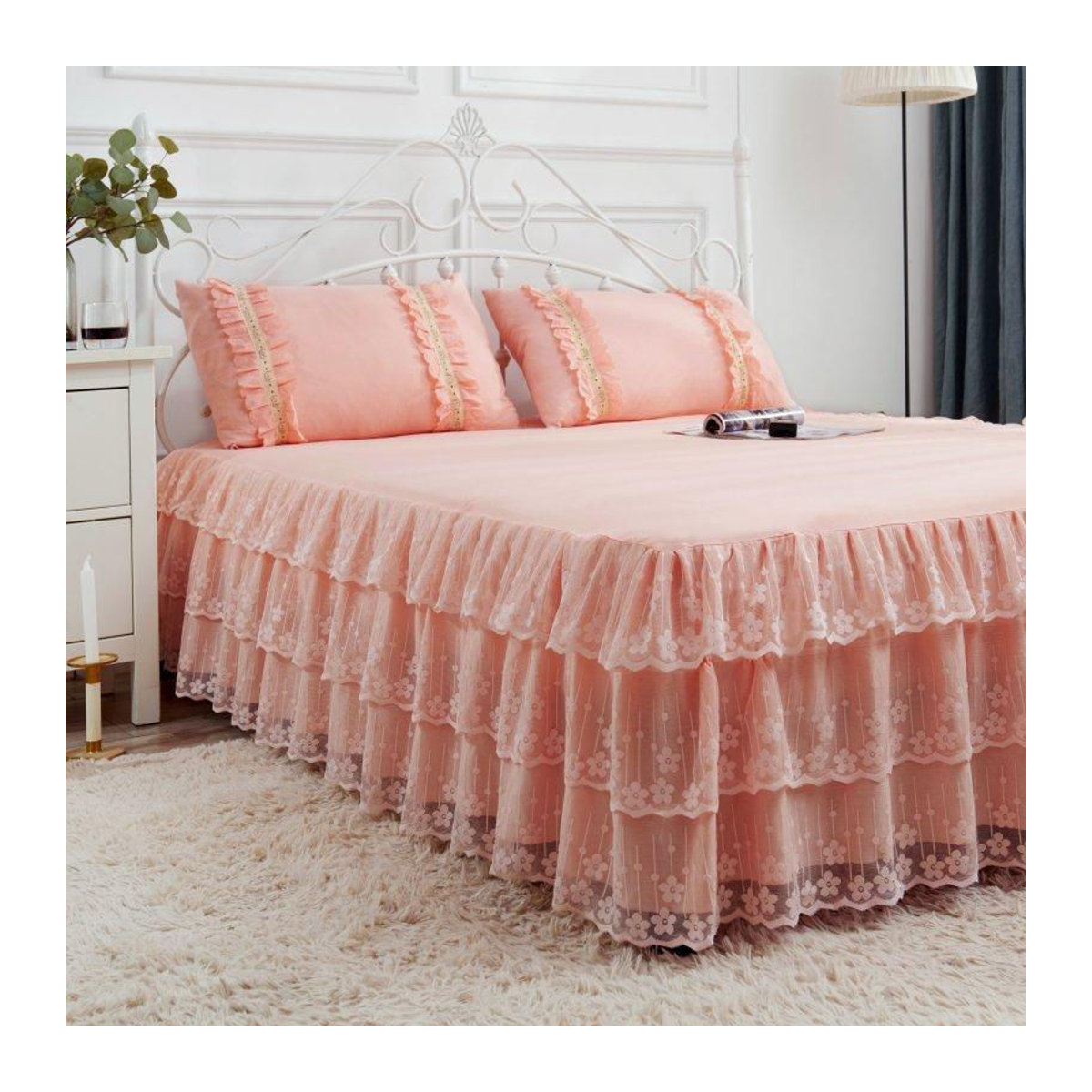 Your Warm Home Bettrock mit Spitze in Rosa, 3-teiliges Set für Frühling und Sommer, B/T: 180 x 200 cm - Bild 3