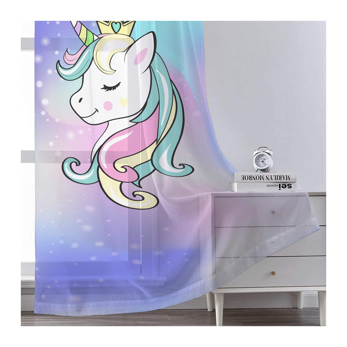Your Warm Home Cartoon Einhorn Tüll Vorhang mit Sternen, Blumen und Regenbogen, mehrfarbig, Breite: 100 cm, Höhe: 250 cm - Bild 1