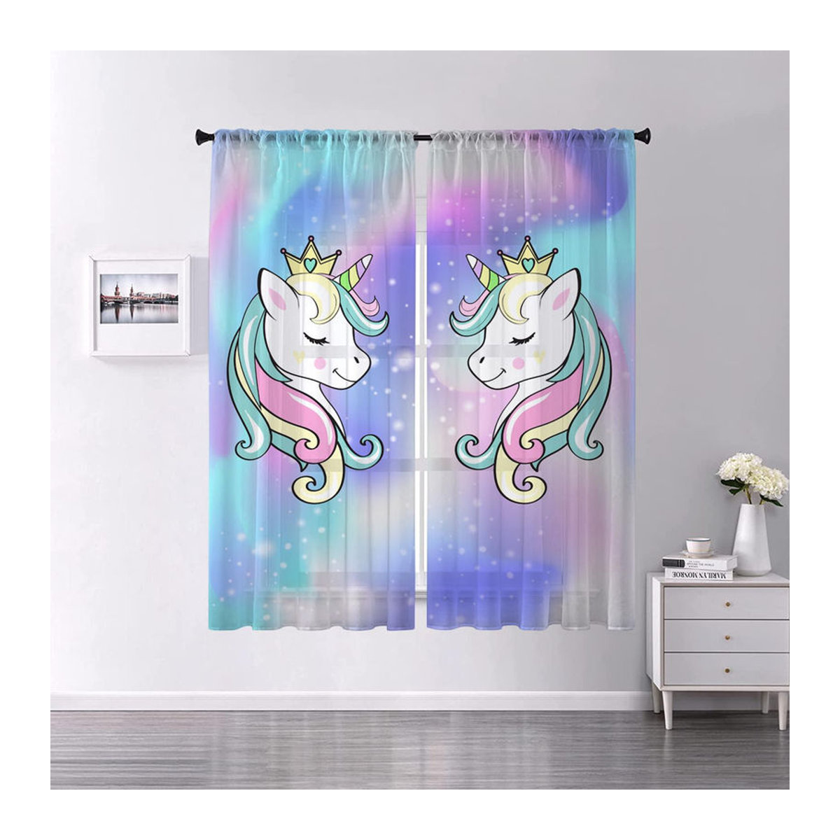 Your Warm Home Cartoon Einhorn Tüll Vorhang mit Sternen, Blumen und Regenbogen, mehrfarbig, Breite: 100 cm, Höhe: 250 cm - Bild 2