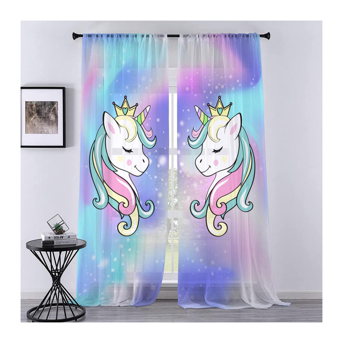 Your Warm Home Cartoon Einhorn Tüll Vorhang mit Sternen, Blumen und Regenbogen, mehrfarbig, Breite: 100 cm, Höhe: 250 cm - Bild 3