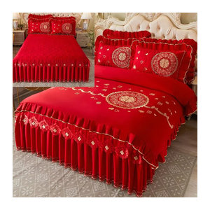 Your Warm Home Gesteppte Tagesdecke mit Spitze und chinesischer Stickerei aus reiner Baumwolle, Hellrot, B: 150 cm, L: 200 cm, 3-teiliges Set