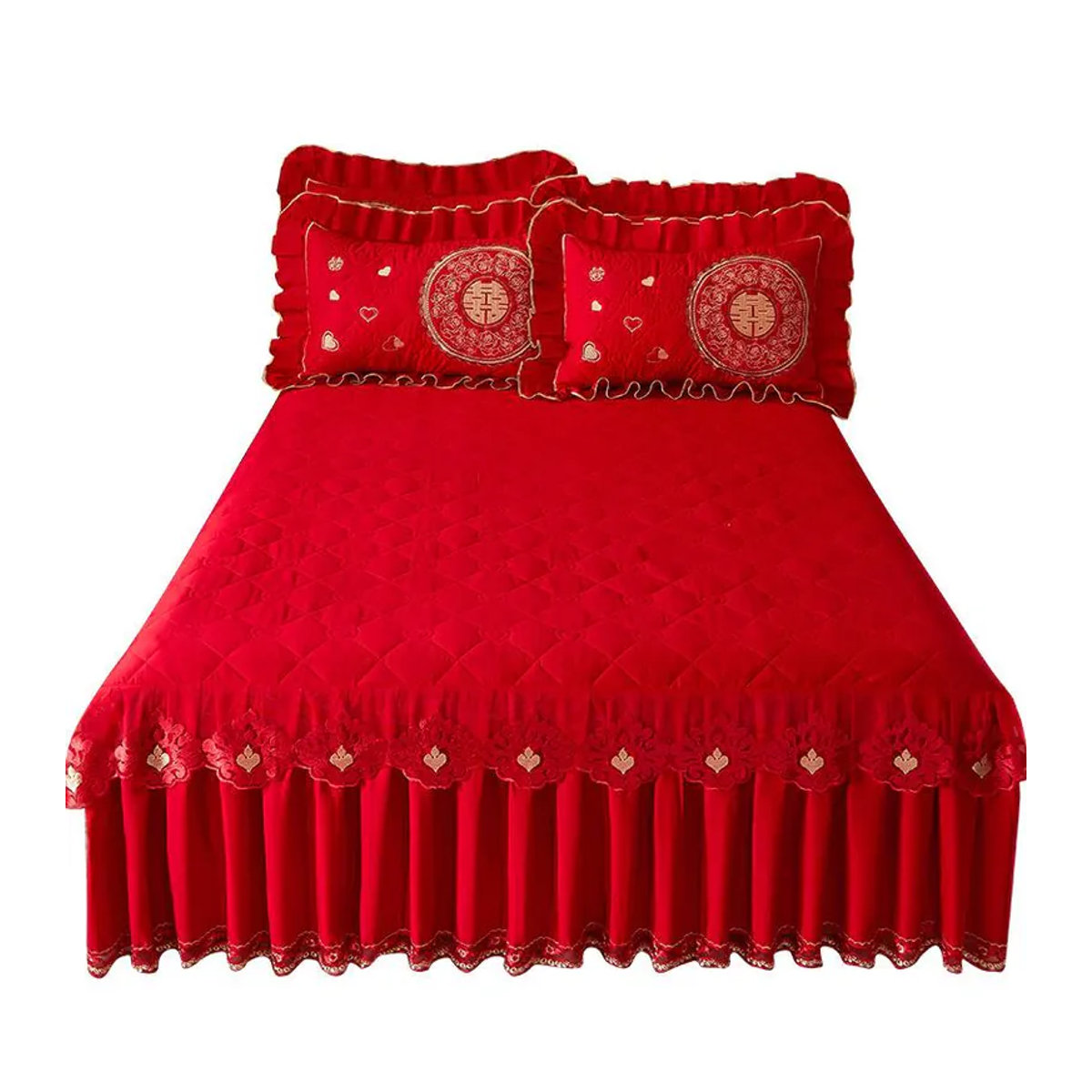 Your Warm Home Gesteppte Tagesdecke mit Spitze und chinesischer Stickerei aus reiner Baumwolle, Hellrot, B: 150 cm, L: 200 cm, 3-teiliges Set - Bild 2