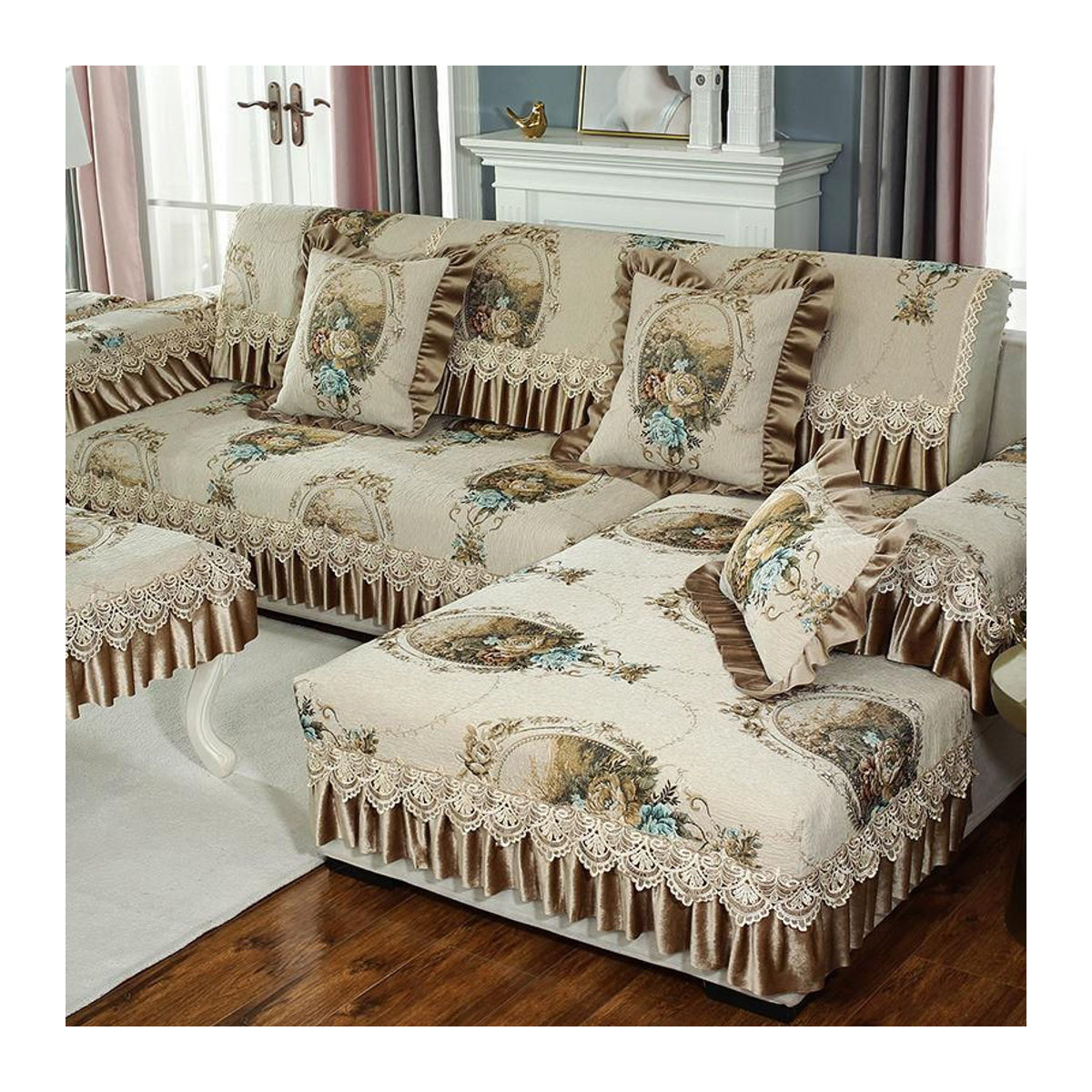 Your Warm Home Sofa Kissenbezug aus Chenille mit europäischer Stickerei Spitze in Hellgrau, B/T/H: 70 x 70 cm - Bild 5