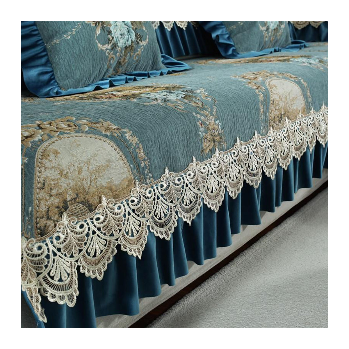 Your Warm Home Sofa Kissenbezug aus Chenille mit europäischer Stickerei Spitze in Hellgrau, B/T/H: 70 x 70 cm - Bild 6