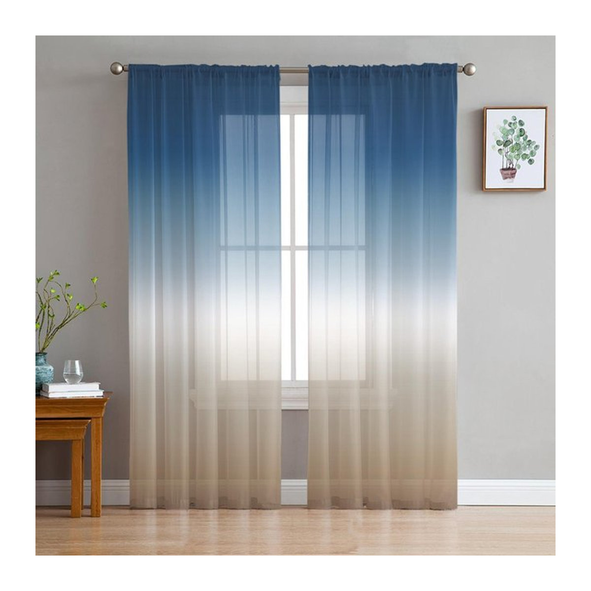 Your Warm Home Transparente Tüllvorhänge mit Blau-Khaki-Farbverlauf für Wohnzimmer, Schlafzimmer und Küche, B: 135 cm, H: 114 cm - Bild 1