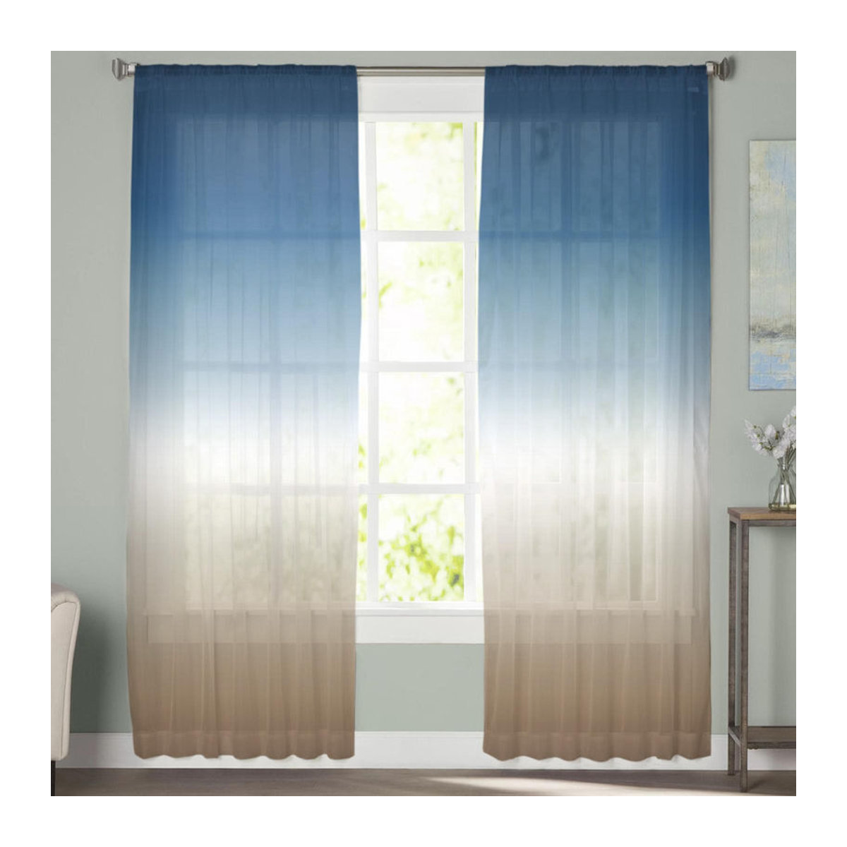 Your Warm Home Transparente Tüllvorhänge mit Blau-Khaki-Farbverlauf für Wohnzimmer, Schlafzimmer und Küche, B: 135 cm, H: 114 cm - Bild 2