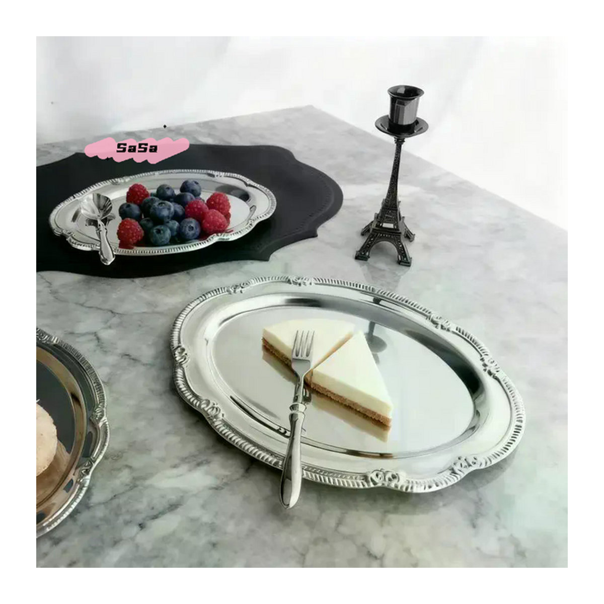 YOWEI Vintage Serviertablett oval aus Metall in Silber als Schmuckaufbewahrung und Dessertplatte - Bild 1