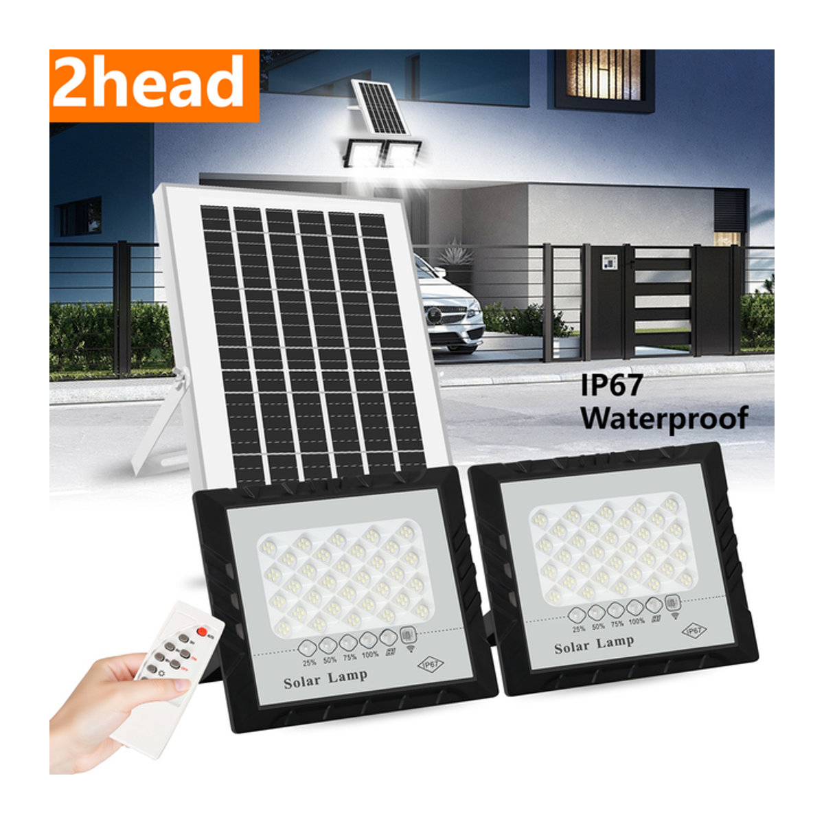 YQCHEZI LED-Solarleuchte mit 2 Köpfen, Schwarz, IP67 Wasserdicht, Modernes Flutlicht mit Aluminium-Solarpanel für den Garten - Bild 1