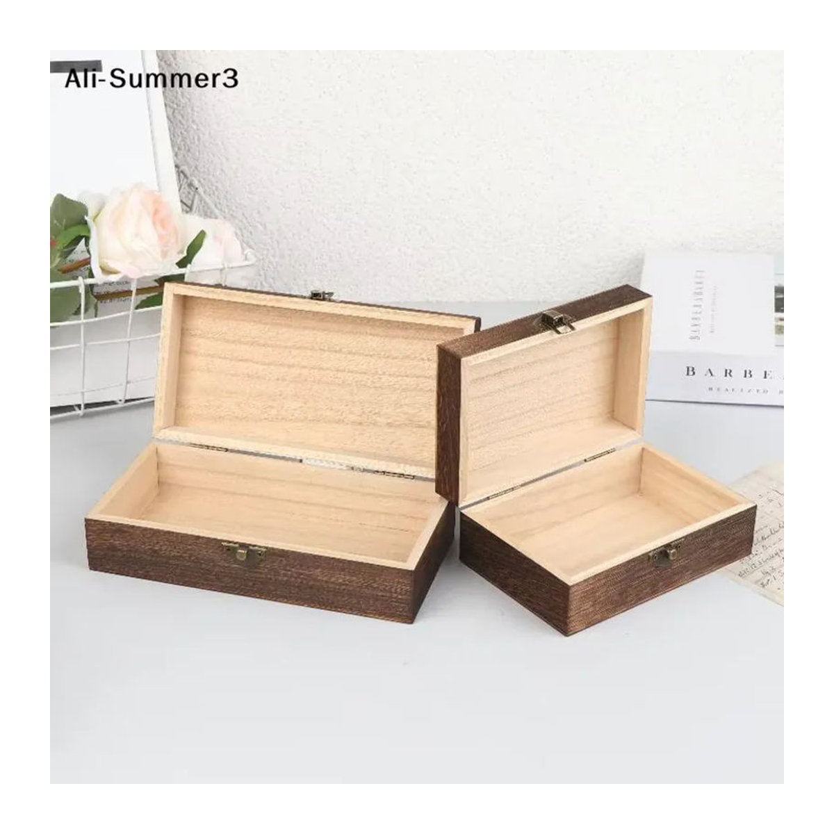 Ys Vintage Holzkiste mit Deckel und Scharnier, quadratische Aufbewahrungsbox aus Holz in Braun für Schmuck und Bastelarbeiten - Bild 4