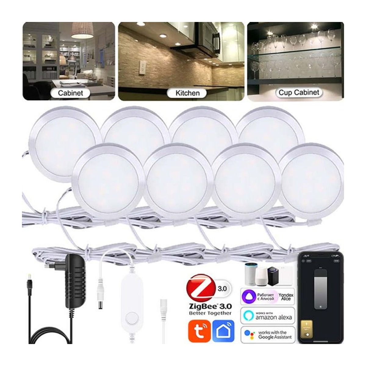 YSRSAI Zigbee 3.0 Runde Schranklampe Weiß, Dimmbare Möbelbeleuchtung mit Tuya App und Sprachsteuerung für Alexa und Google, DC12V - Bild 1