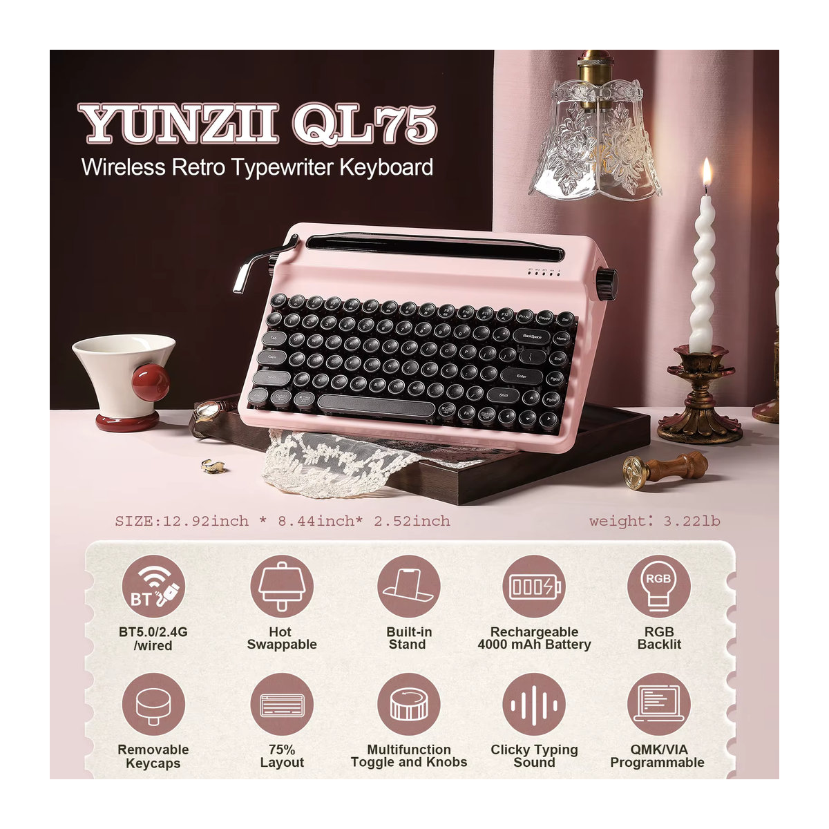 YUNZII QL75 Mechanische Tastatur im Retro-Design mit runden Tastenkappen, Wireless, RGB, QMK/VIA, Hot-Swap, Rosa und Grün - Bild 2