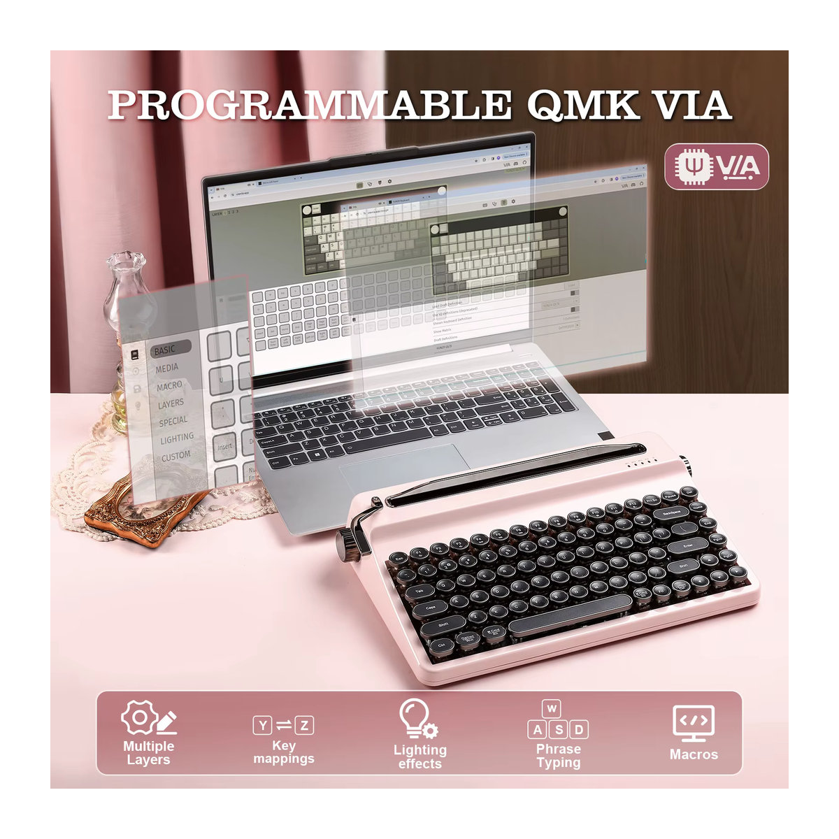 YUNZII QL75 Mechanische Tastatur im Retro-Design mit runden Tastenkappen, Wireless, RGB, QMK/VIA, Hot-Swap, Rosa und Grün - Bild 5