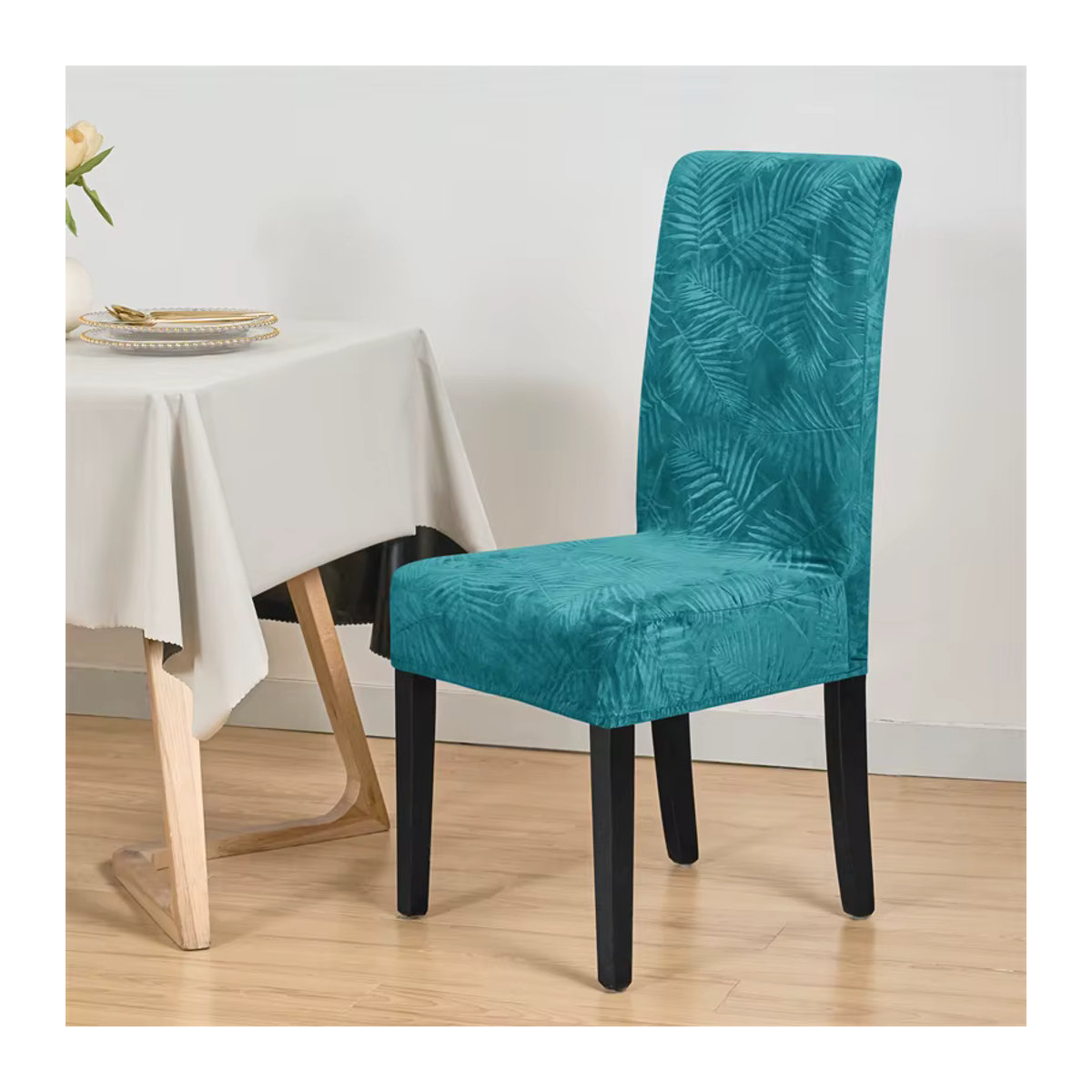 Yupartex Esszimmerstuhl Bezug aus weichem Samt mit Blätter-Jacquard-Muster, elastischer Stuhlschutz für deine Sitzmöbel - Bild 3