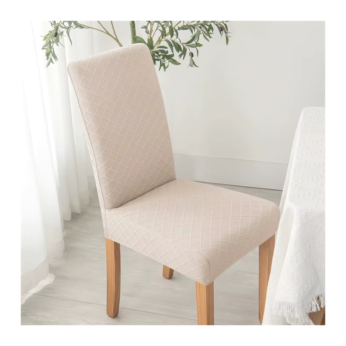 Yupartex Jacquard Esszimmer Stuhl Abdeckung in Beige, elastischer Universal Sitzschutz für Stühle - Bild 4