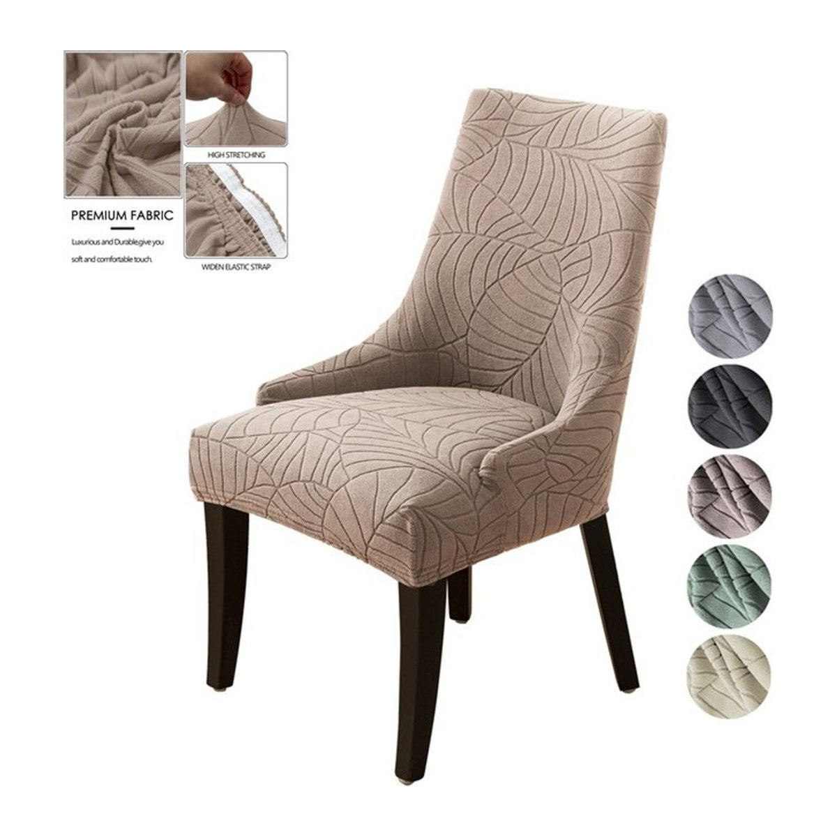 Yupartex Stuhlbezug mit Blätter-Jacquard-Muster in Beige, elastischer Stretch-Schonbezug für Esszimmerstühle mit hoher Rückenlehne - Bild 1