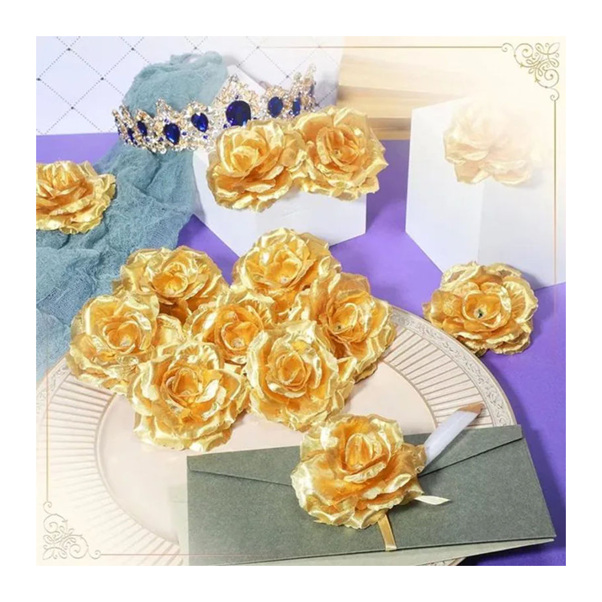 Yusheng Künstliche Rosenköpfe aus Textil in Weiß und Gold für Hochzeiten und DIY-Dekorationen (20 Stück) - Bild 1