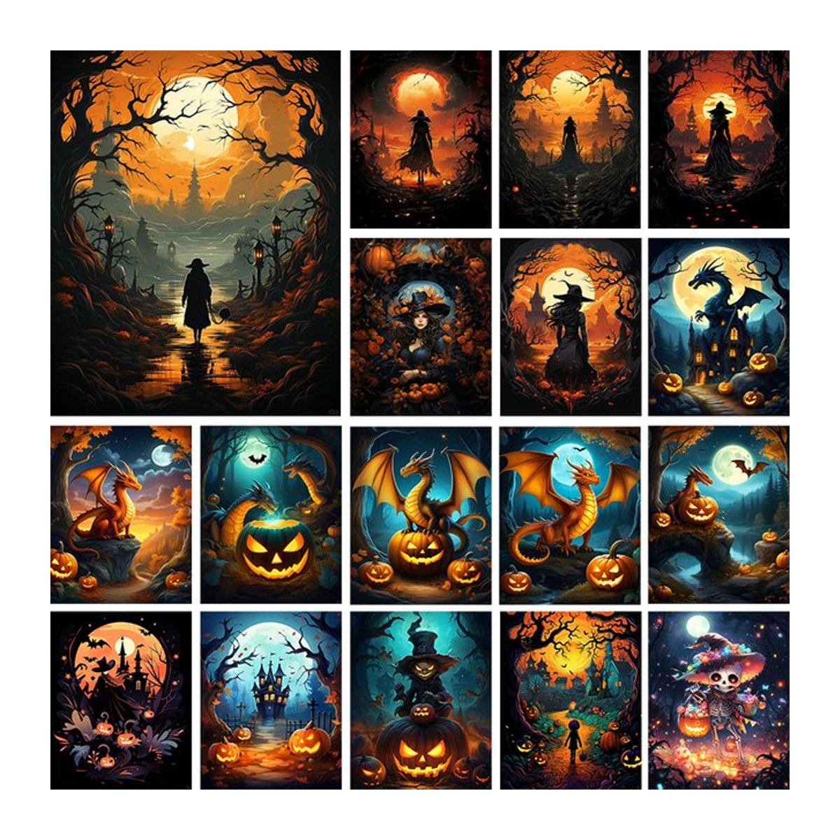 YUTTEE 5D Diamantgemälde Set Halloween Motiv mit Hexe, Feuerdrache und Kürbislaterne, mehrfarbiges Mosaik-Kunst-Set zum Selbermachen - Bild 1