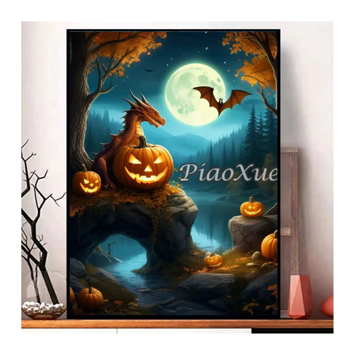 YUTTEE 5D Diamantgemälde Set Halloween Motiv mit Hexe, Feuerdrache und Kürbislaterne, mehrfarbiges Mosaik-Kunst-Set zum Selbermachen - Bild 2