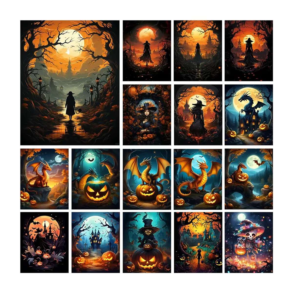 YUTTEE 5D Diamantgemälde Set Halloween Motiv mit Hexe, Feuerdrache und Kürbislaterne, mehrfarbiges Mosaik-Kunst-Set zum Selbermachen - Bild 3