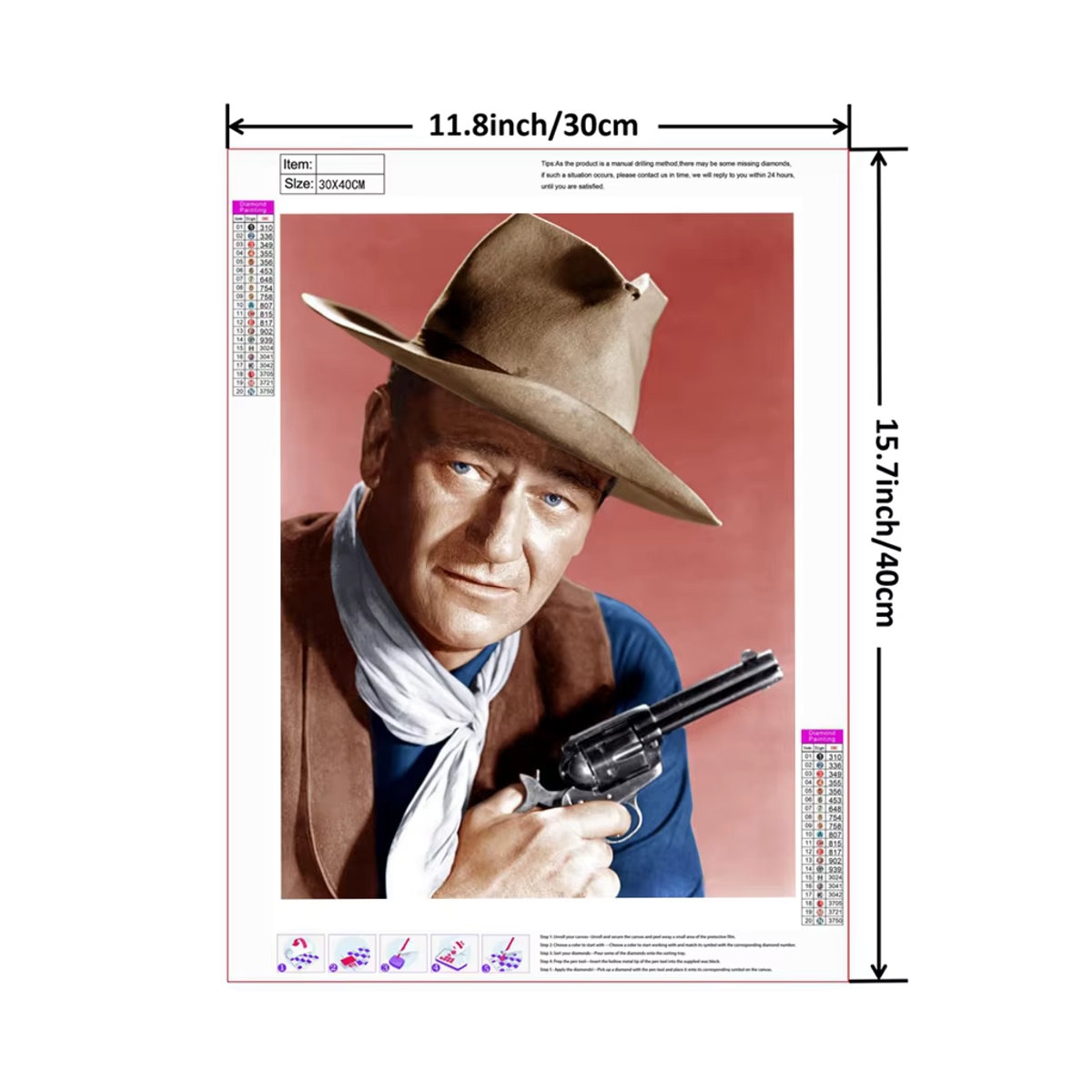 YUTTEE 5D DIY Diamantmalerei Cowboy John Wayne Vintage Wandbild mit runden Strass-Diamanten, mehrfarbig - Bild 3
