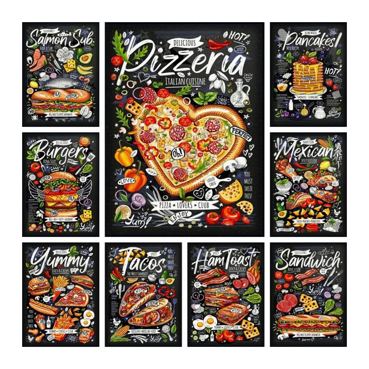 YUTTEE 5D DIY Diamantmalerei Lebensmittel Motiv als rundes Mosaik Set mit Pommes Burger Pizza Sandwich in Mehrfarbig Durchmesser: 30 cm - Bild 1
