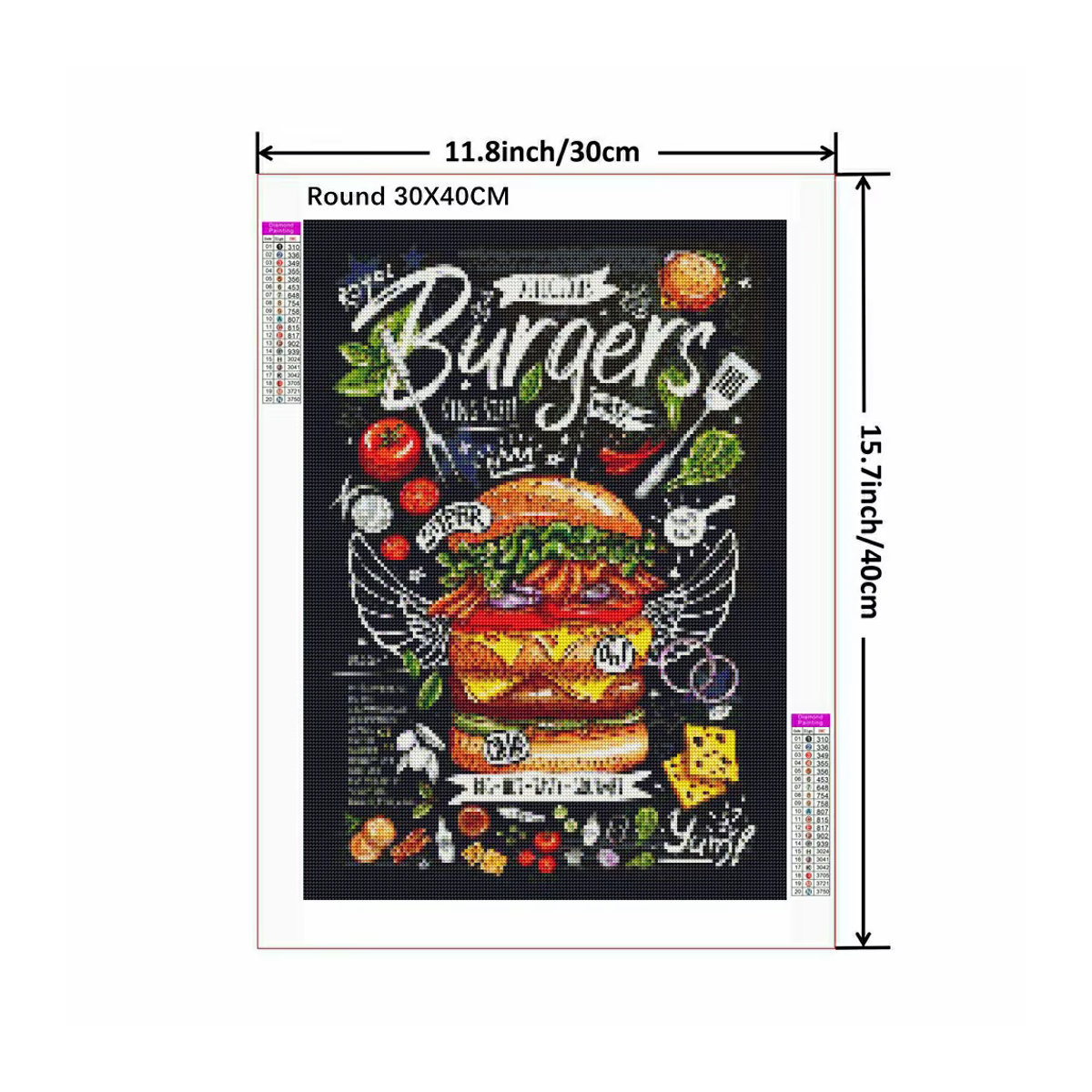 YUTTEE 5D DIY Diamantmalerei Lebensmittel Motiv als rundes Mosaik Set mit Pommes Burger Pizza Sandwich in Mehrfarbig Durchmesser: 30 cm - Bild 2