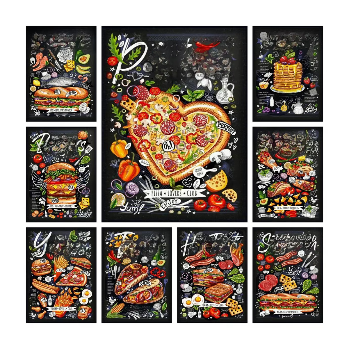 YUTTEE 5D DIY Diamantmalerei Lebensmittel Motiv als rundes Mosaik Set mit Pommes Burger Pizza Sandwich in Mehrfarbig Durchmesser: 30 cm - Bild 4