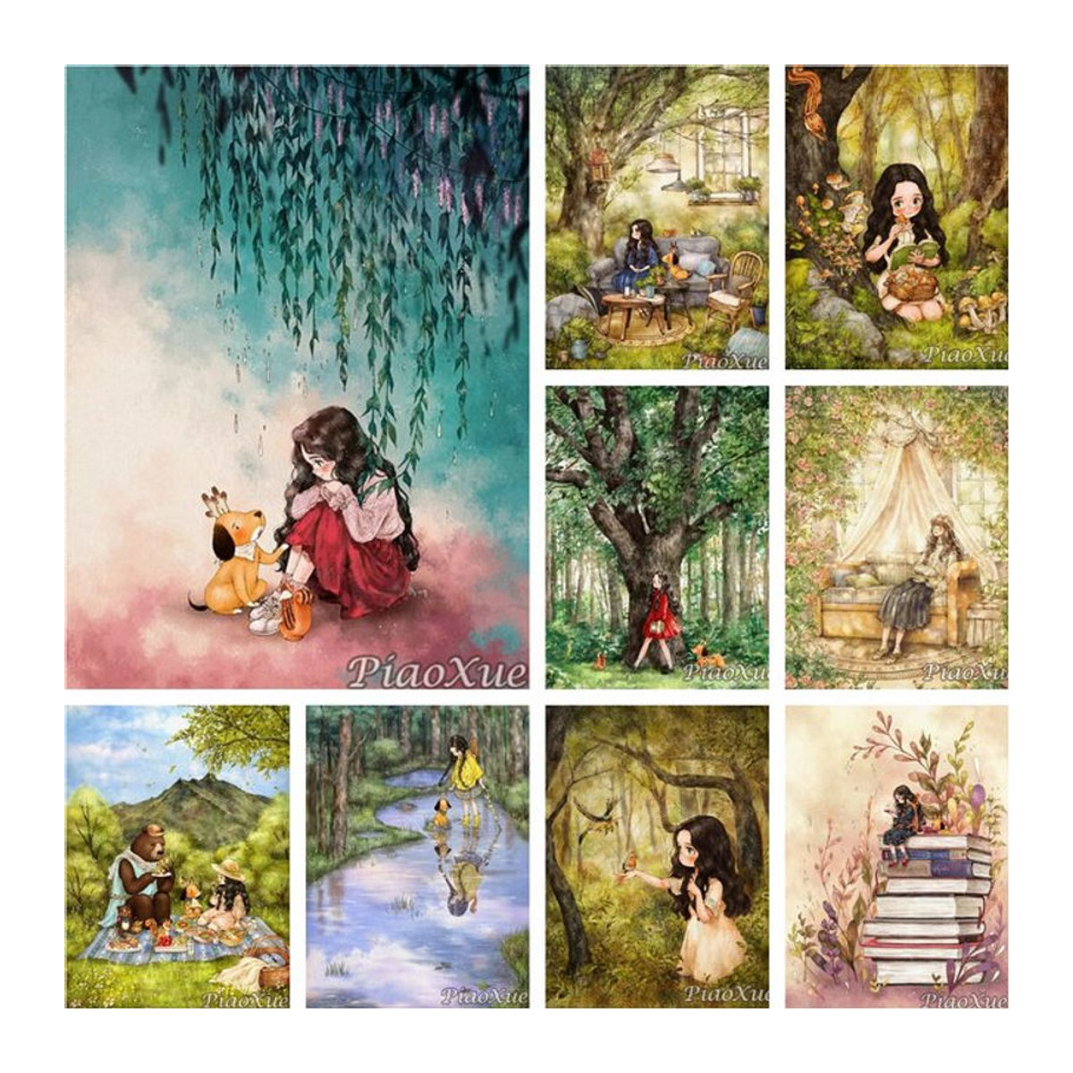 YUTTEE 5D DIY Diamantmalerei Set Cartoon Mädchen und Tiere als Mosaik Strass Kunstwerk für die Wanddekoration, mehrfarbig - Bild 1