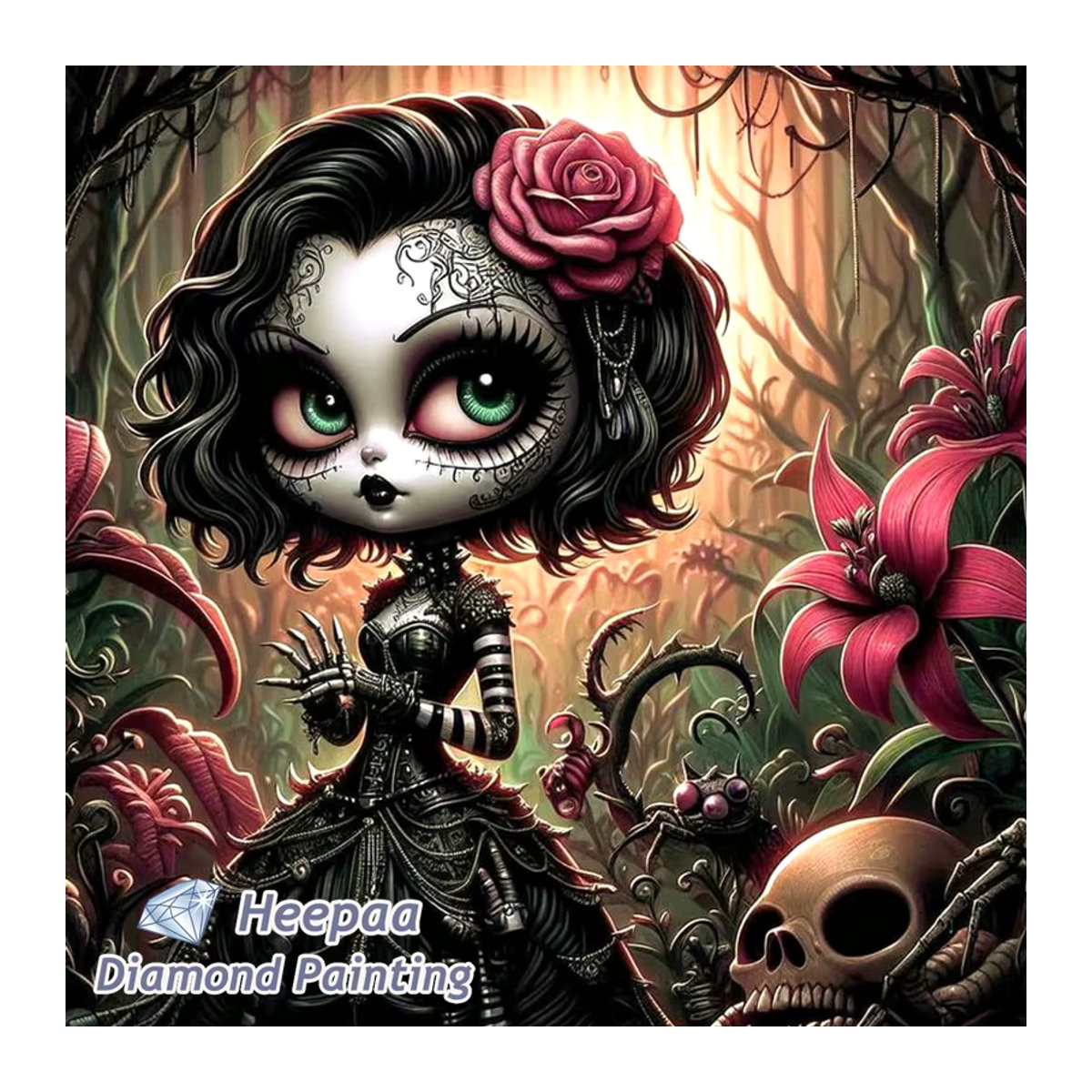 YUTTEE Diamant-Kunstgemälde Halloween Totenkopf-Mädchen mit Blumen, Mehrfarbig, Rund - Bild 2
