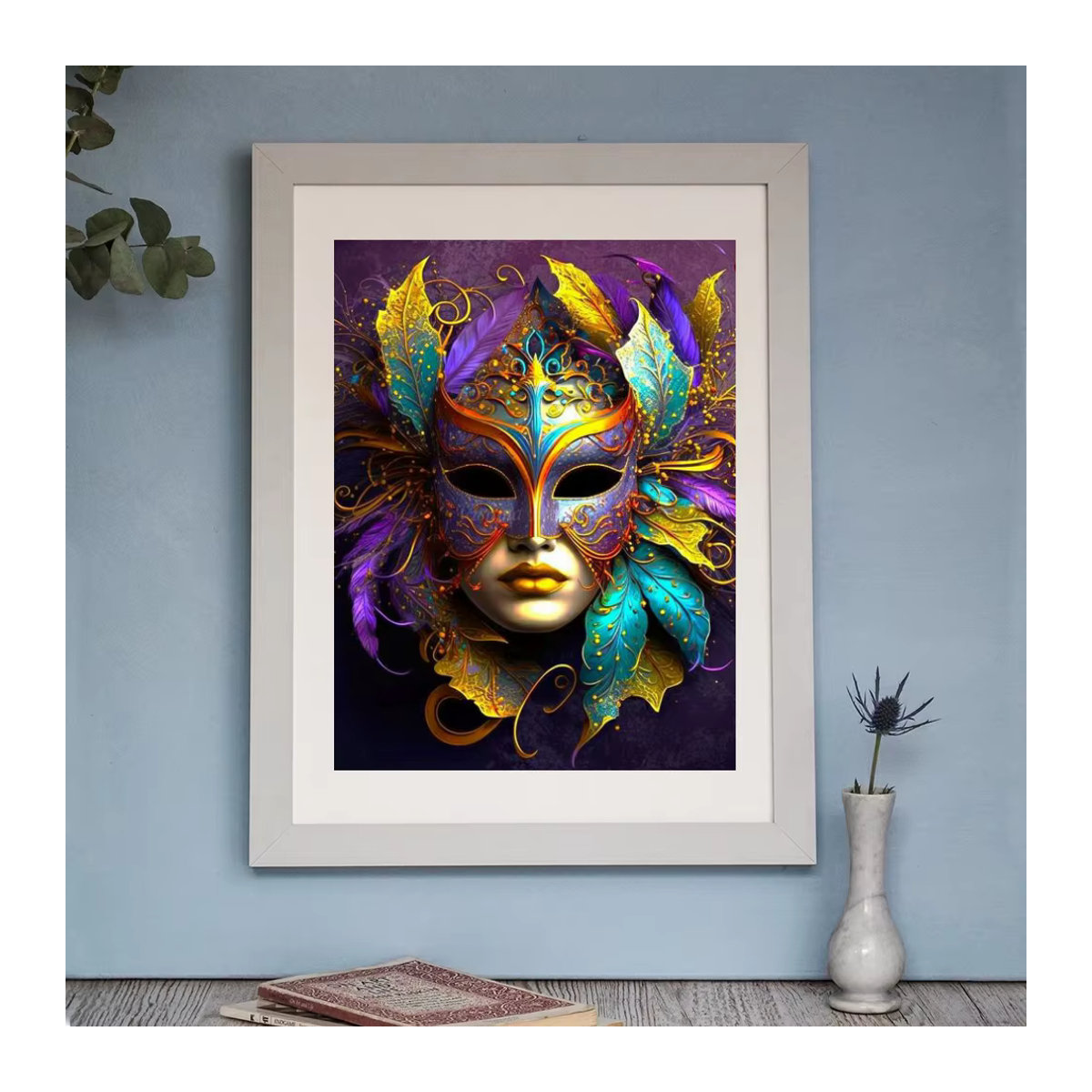 YUTTEE Diamant-Stickerei Set mit Masken-Motiv in Mehrfarbig, Abstract Glamour Design mit runden Bohrern zur Wandmontage - Bild 2