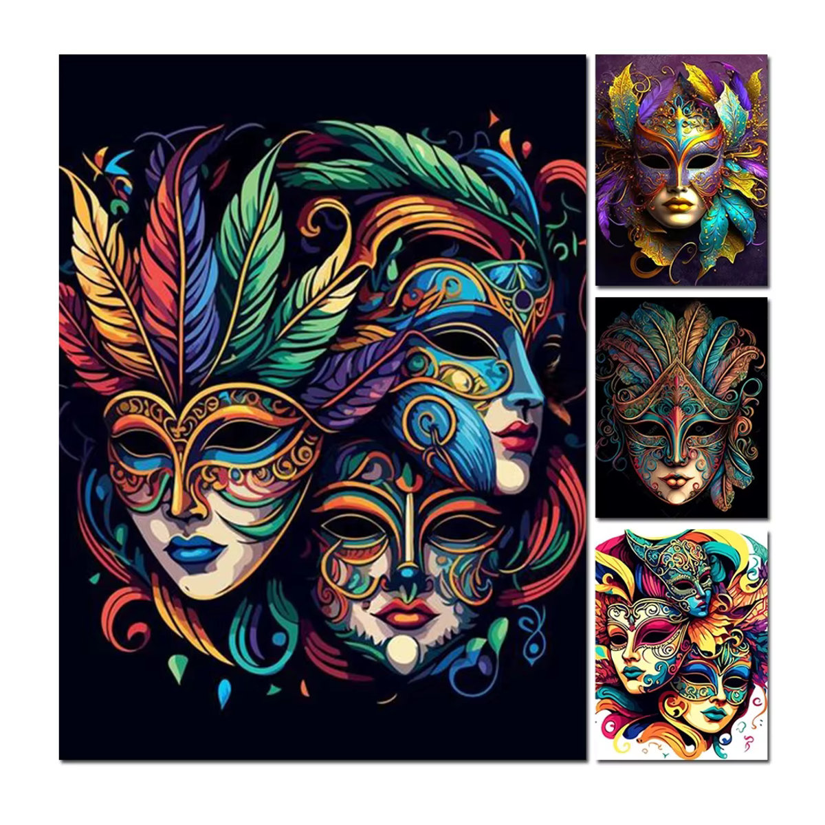 YUTTEE Diamant-Stickerei Set mit Masken-Motiv in Mehrfarbig, Abstract Glamour Design mit runden Bohrern zur Wandmontage - Bild 3