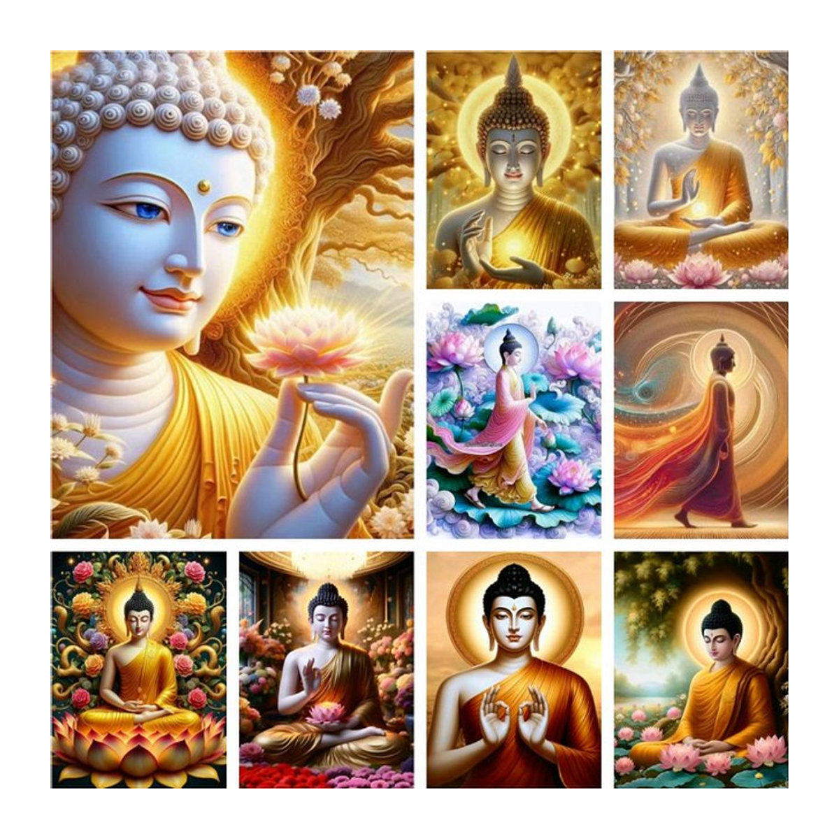 YUTTEE Diamantmalerei Buddha und Lotus DIY Mosaik Stickerei in Gold und Mehrfarbig als Wanddekoration - Bild 1