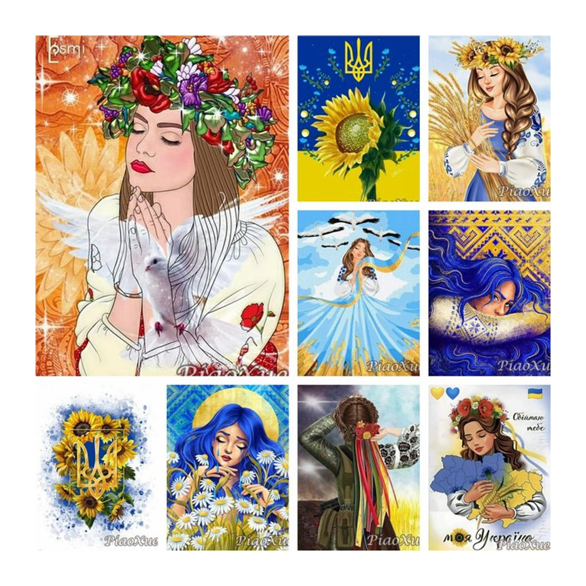 YUTTEE Diamantmalerei Set Ukrainische Flagge mit Mädchen, Weizen und Sonnenblumen, DIY Mosaik Bild in Mehrfarbig, Wandmontiert - Bild 1
