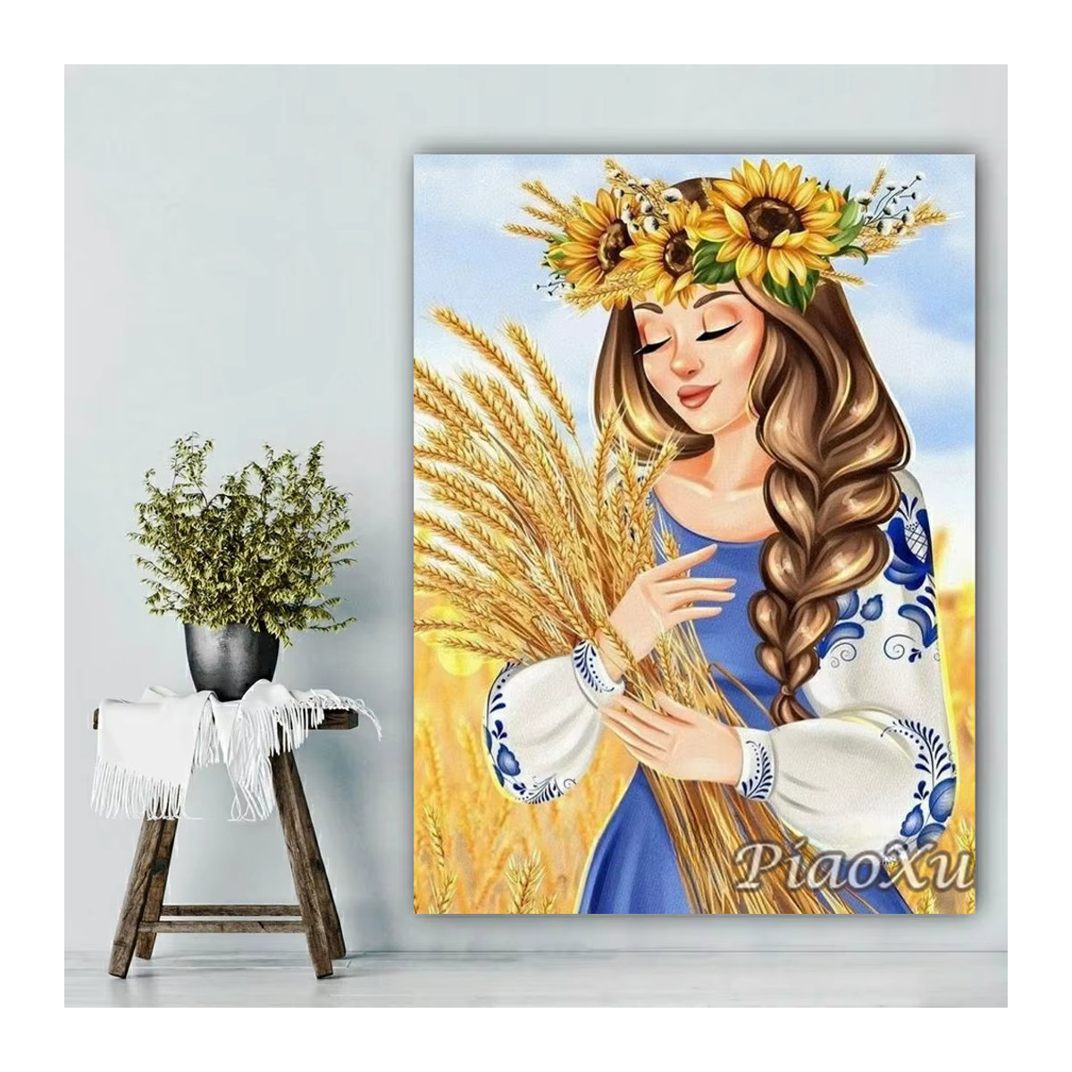 YUTTEE Diamantmalerei Set Ukrainische Flagge mit Mädchen, Weizen und Sonnenblumen, DIY Mosaik Bild in Mehrfarbig, Wandmontiert - Bild 3