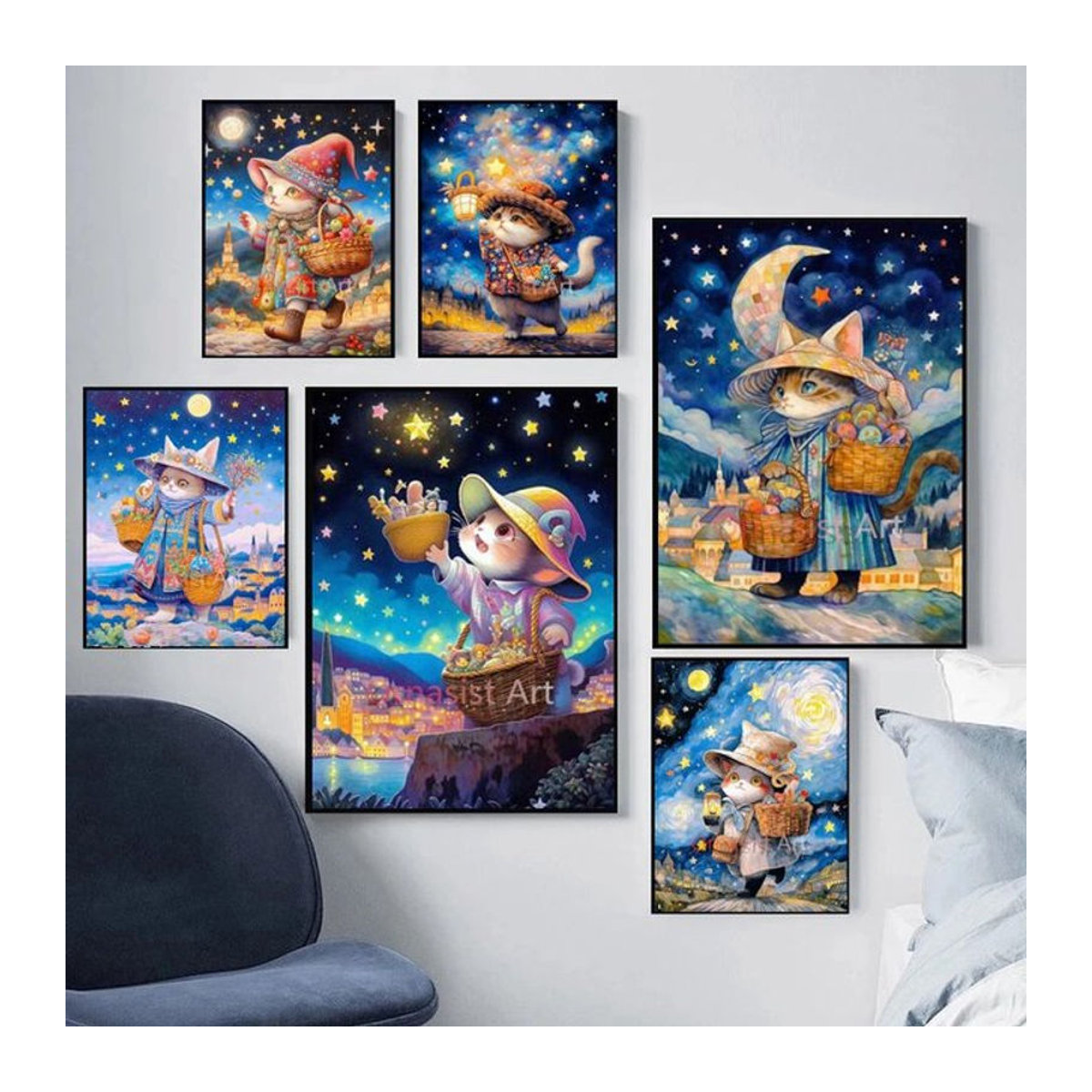 YUTTEE DIY 5D Diamantmalerei Set Sternenhimmel mit Katze im Hut als Mosaik Kunstwerk in Mehrfarbig - Bild 1