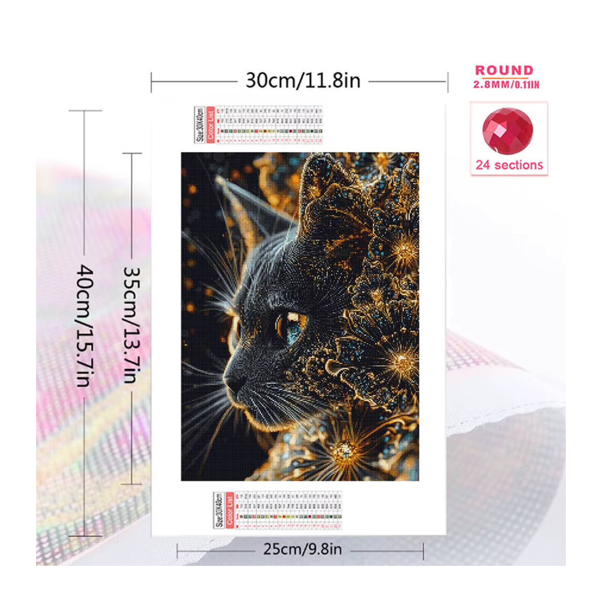 YUTTEE DIY Diamantmalerei Schwarze Katze mit Blumen als Mosaik-Set aus Kunstharz in Schwarz und Mehrfarbig zur Wanddekoration - Bild 2