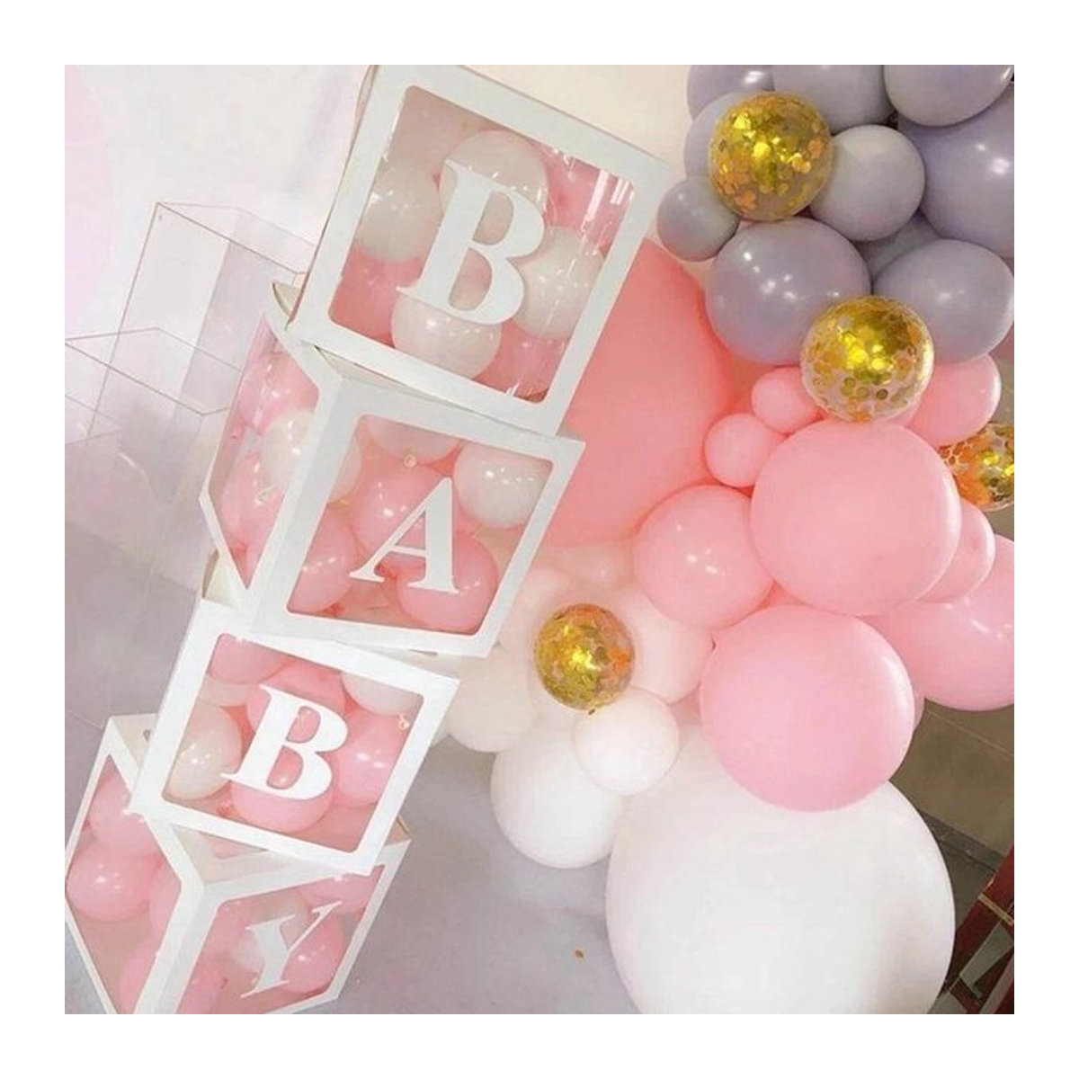 Yuyongzhi Ballonboxen mit Buchstaben in Weiß und Transparent für Babyparty oder Geburtstag, quadratisch, B/T/H: 25 x 25 x 25 cm - Bild 1