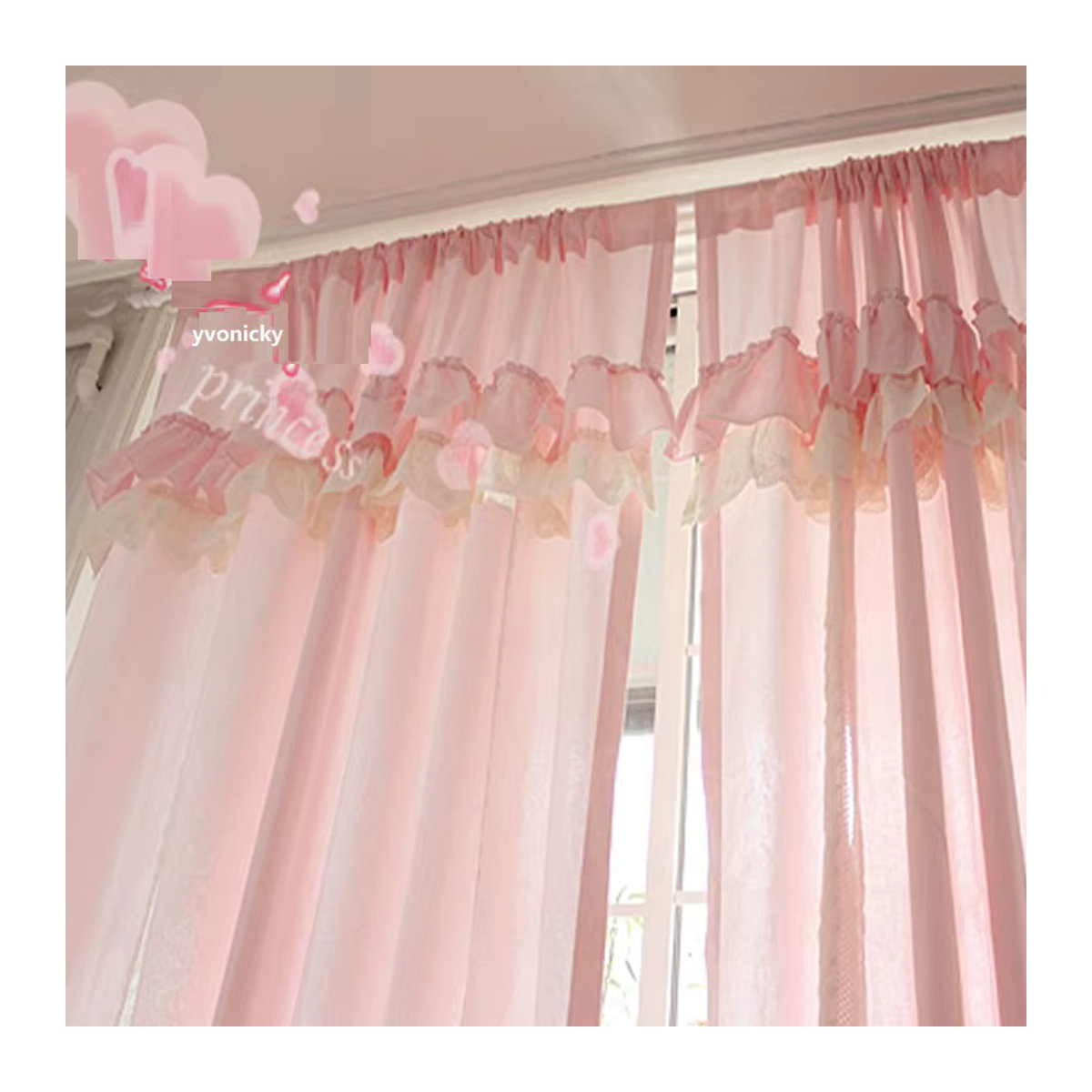 Yvonicky Vorhänge für Mädchen aus 100% Baumwolle in Rosa mit Volants und Schleifen für das Schlafzimmer, 2er-Set - Bild 2