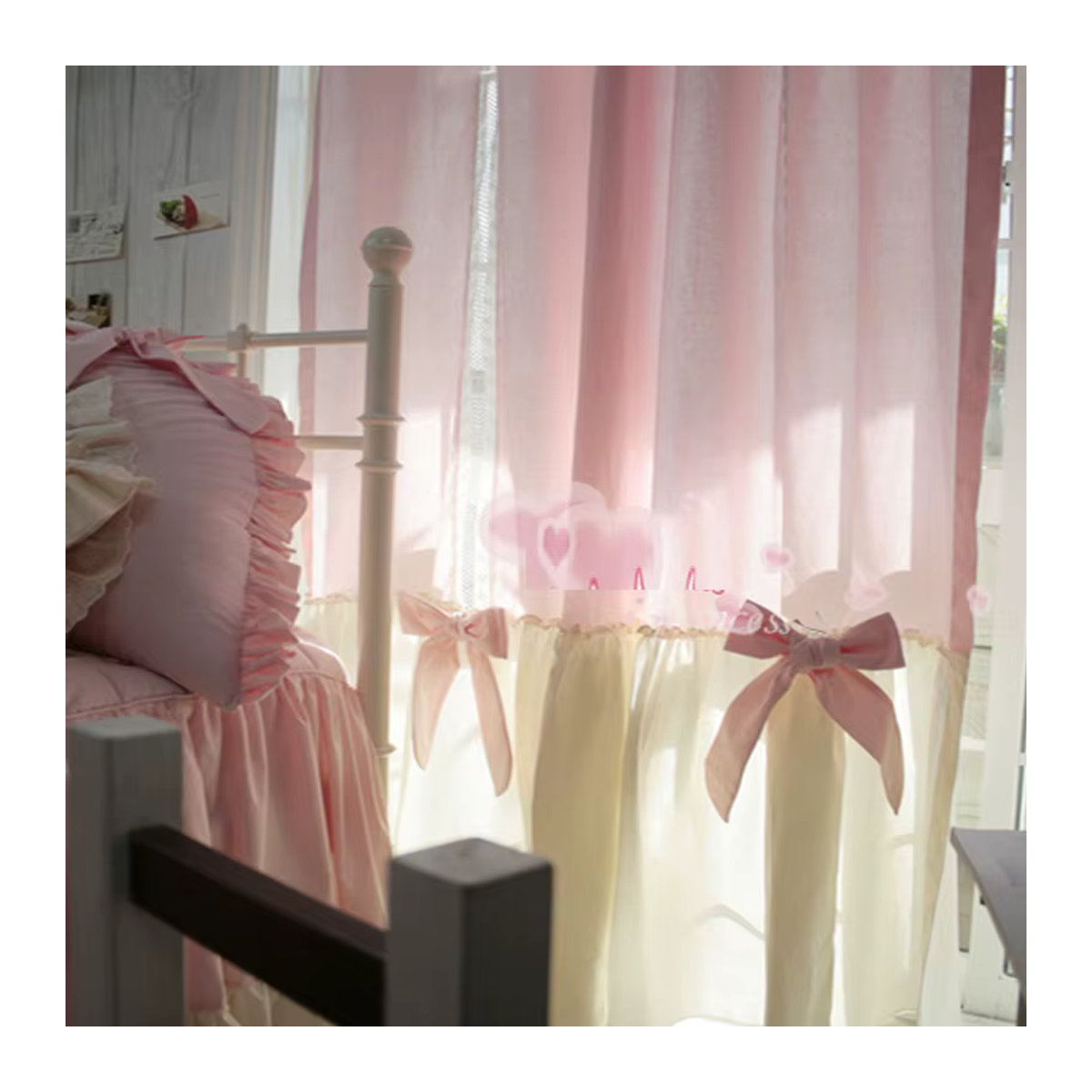 Yvonicky Vorhänge für Mädchen aus 100% Baumwolle in Rosa mit Volants und Schleifen für das Schlafzimmer, 2er-Set - Bild 3