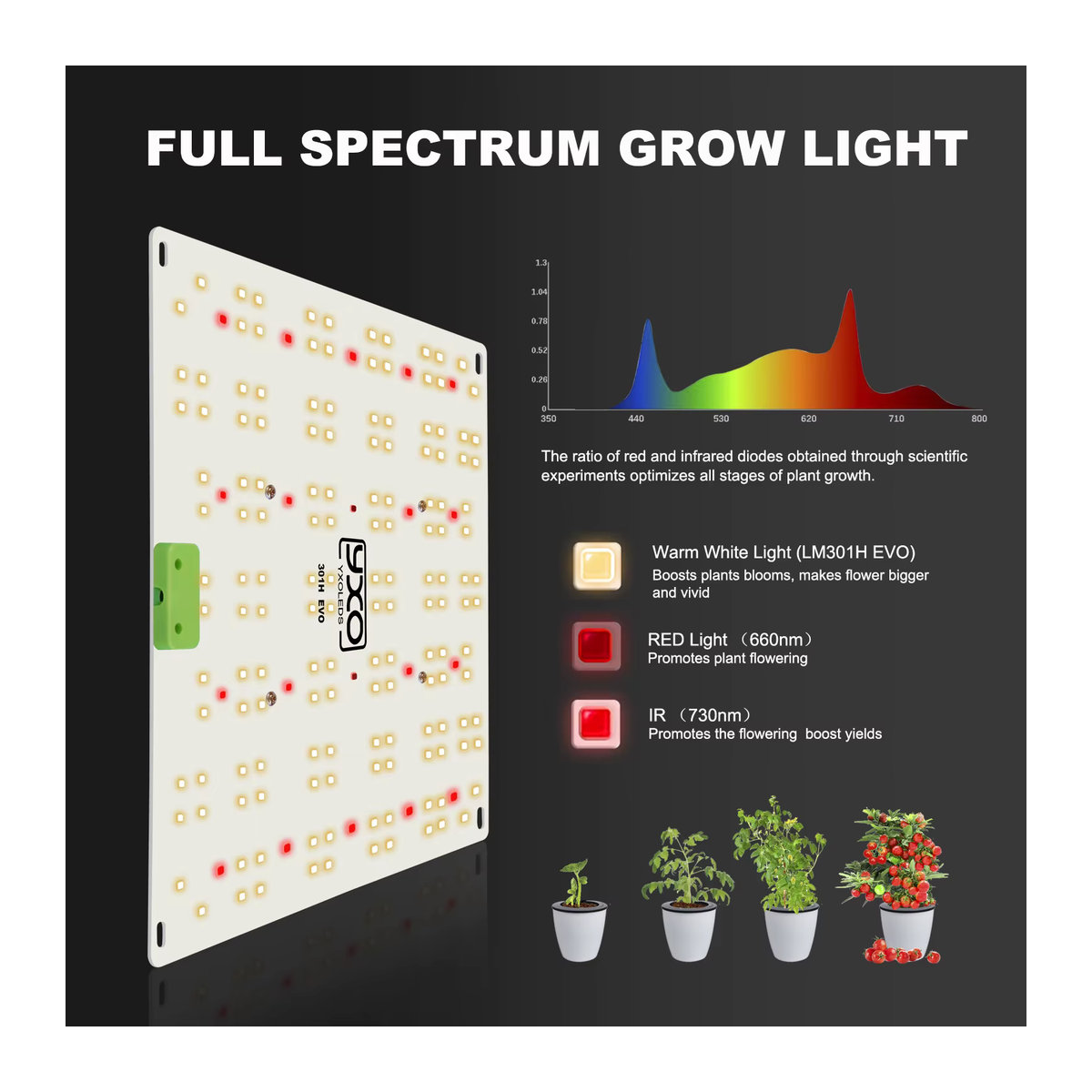 YXO Vollspektrum-LED-Wachstumslicht mit LM301H EVO Chips für Hydrokultur und Pflanzenwachstum VEG BLOOM 65W 120W - Bild 4