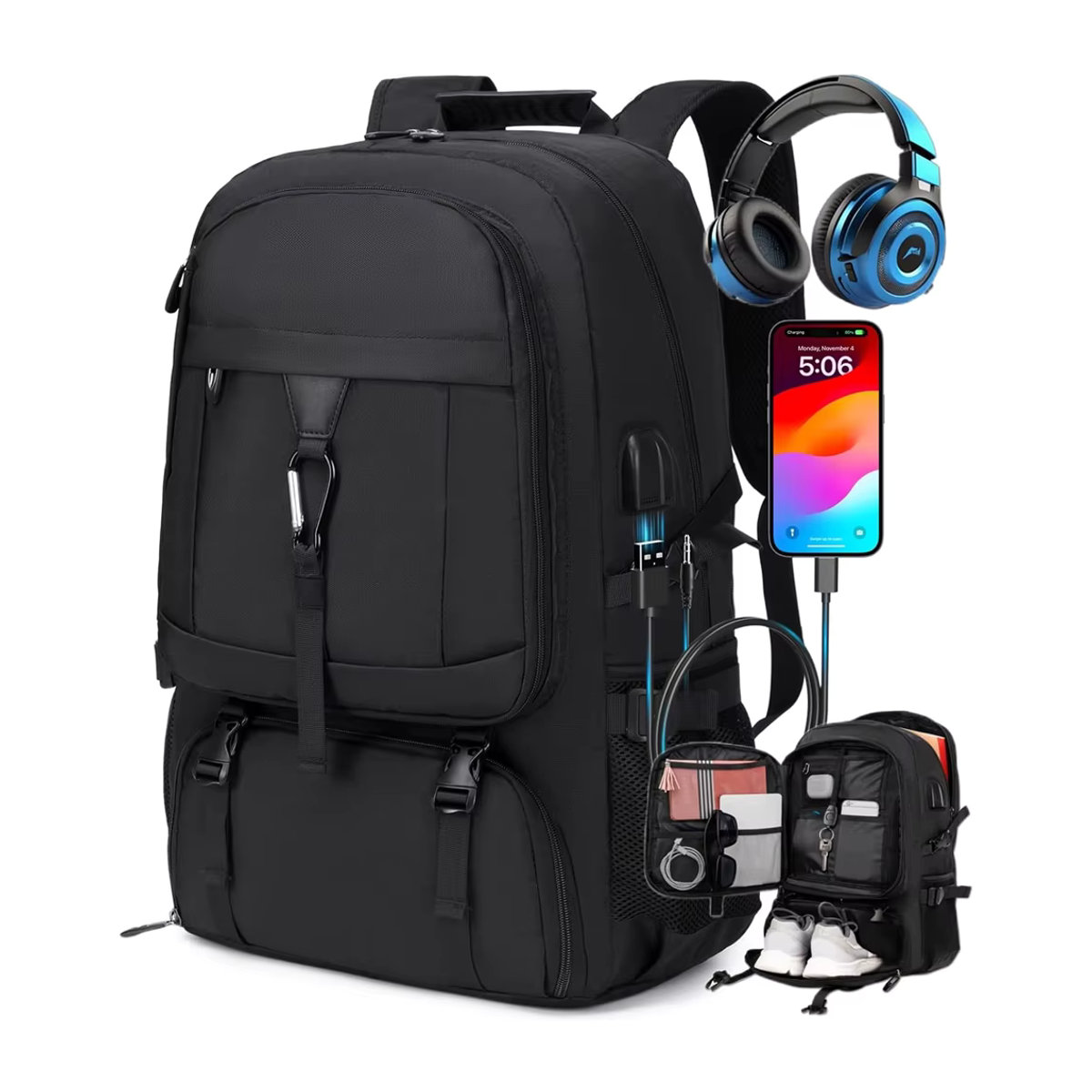 YXXBXXY Flugzugelassener Rucksack in Schwarz, wasserabweisendes Handgepäck für Reisen, passend für 17–18 Zoll Laptop, modernes Design - Bild 3